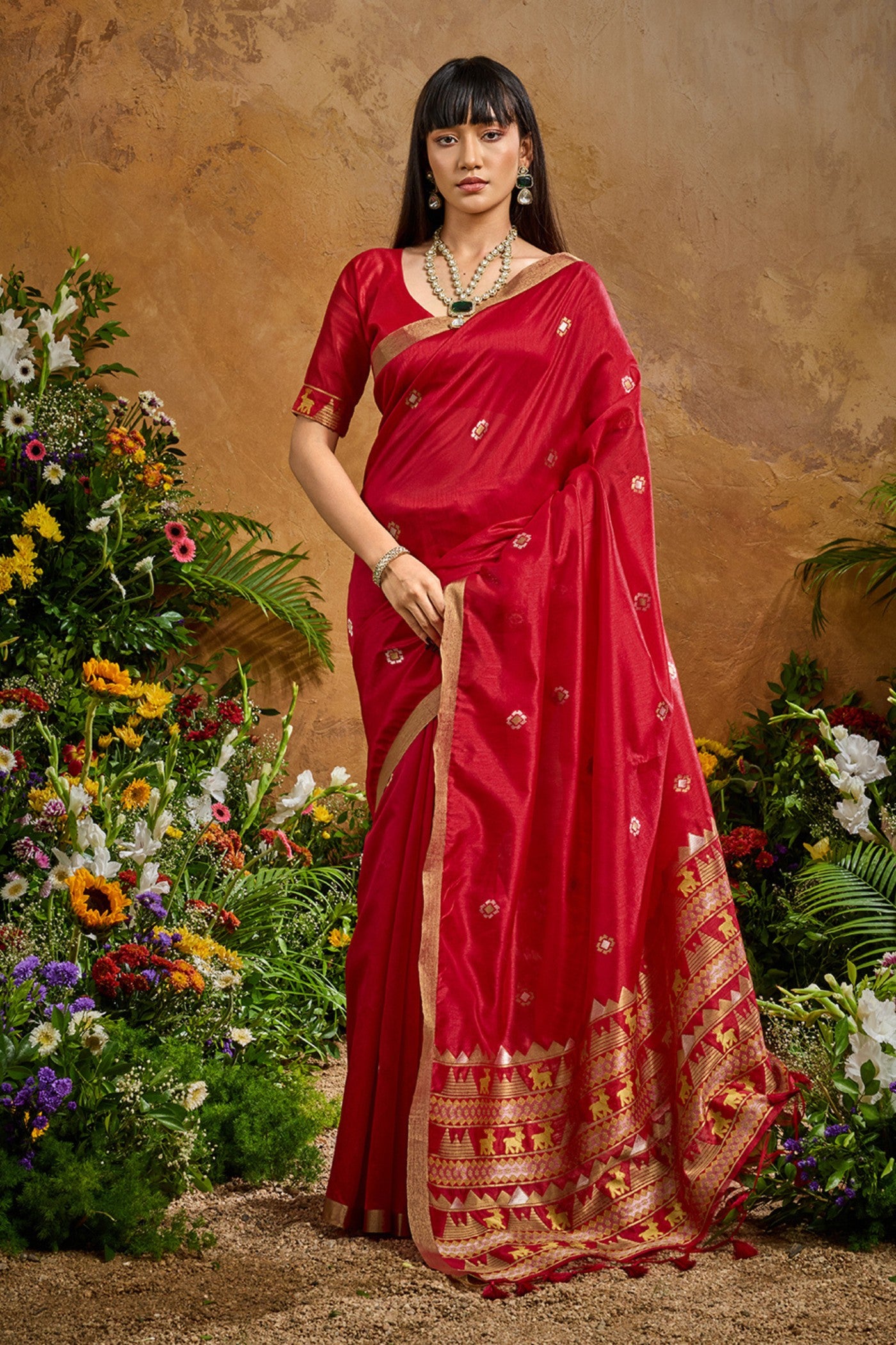Buy MySilkLove Spine Red Tussar Handloom Silk Saree Online