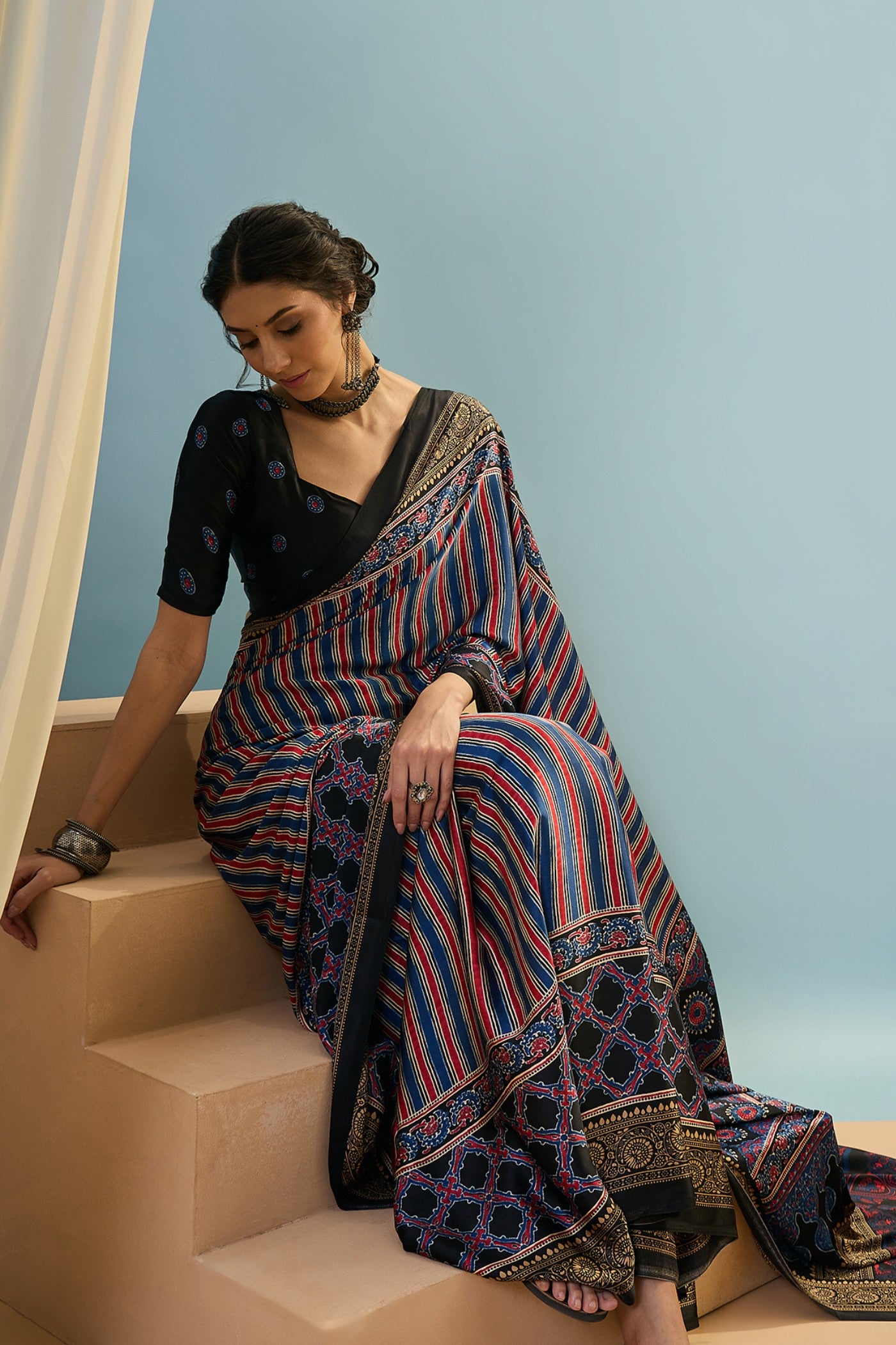 Buy MySilkLove Holo Blue Ajrakh Printed Satin Crepe Silk Saree Online