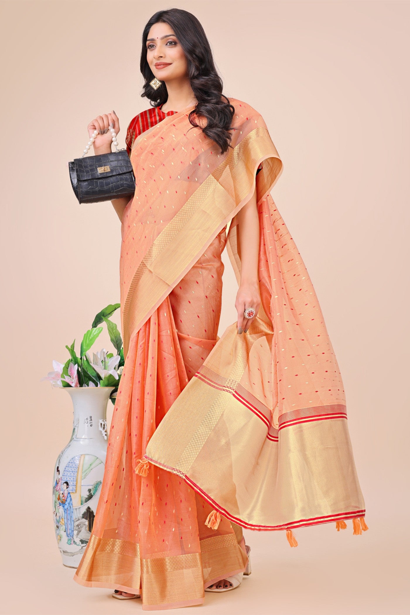 Buy MySilkLove Malibu Peach Woven Organza Saree Online