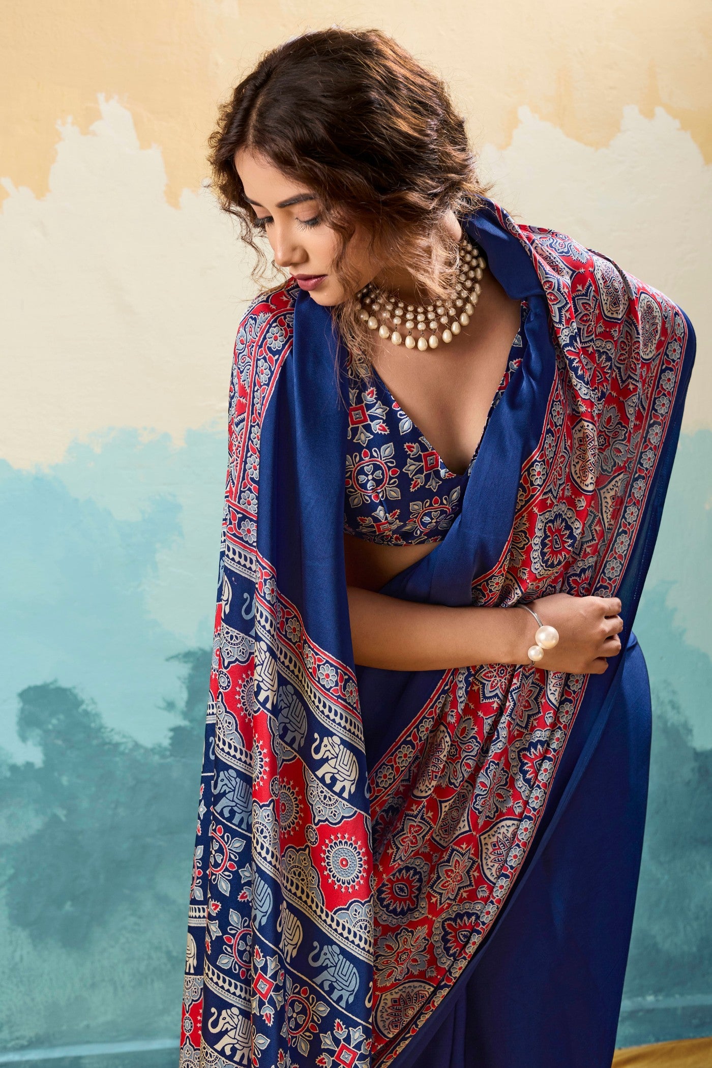MySilkLove Cloudy Blue Modal Ajrakh Satin Printed Silk Saree