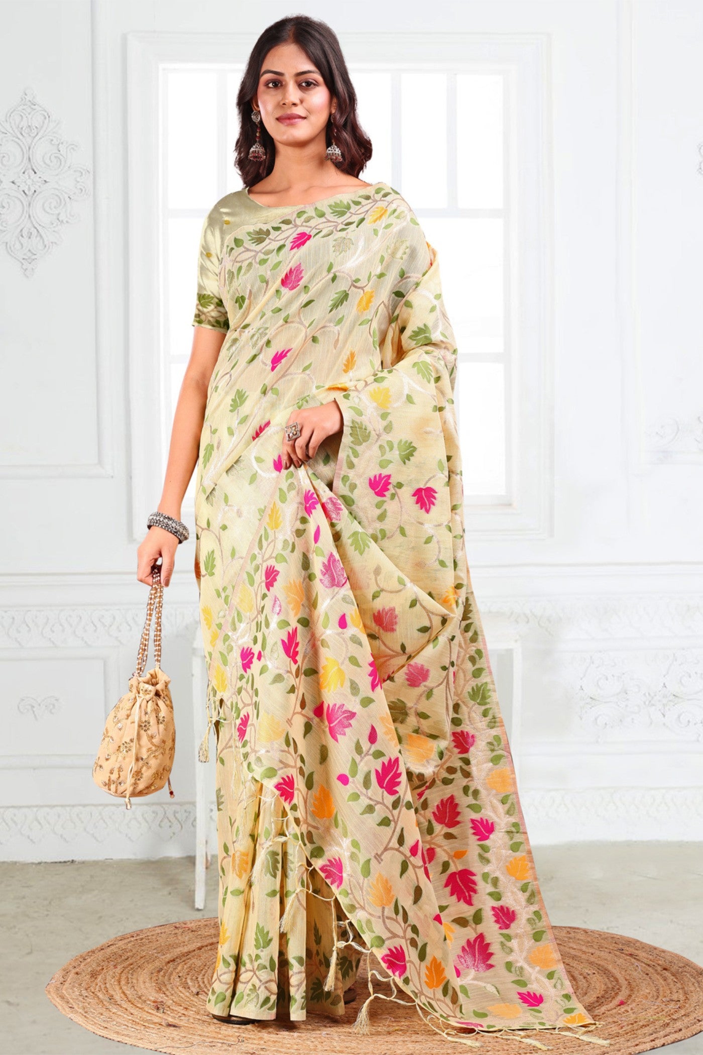 Buy MySilkLove Off White Woven Linen Cotton Saree Online