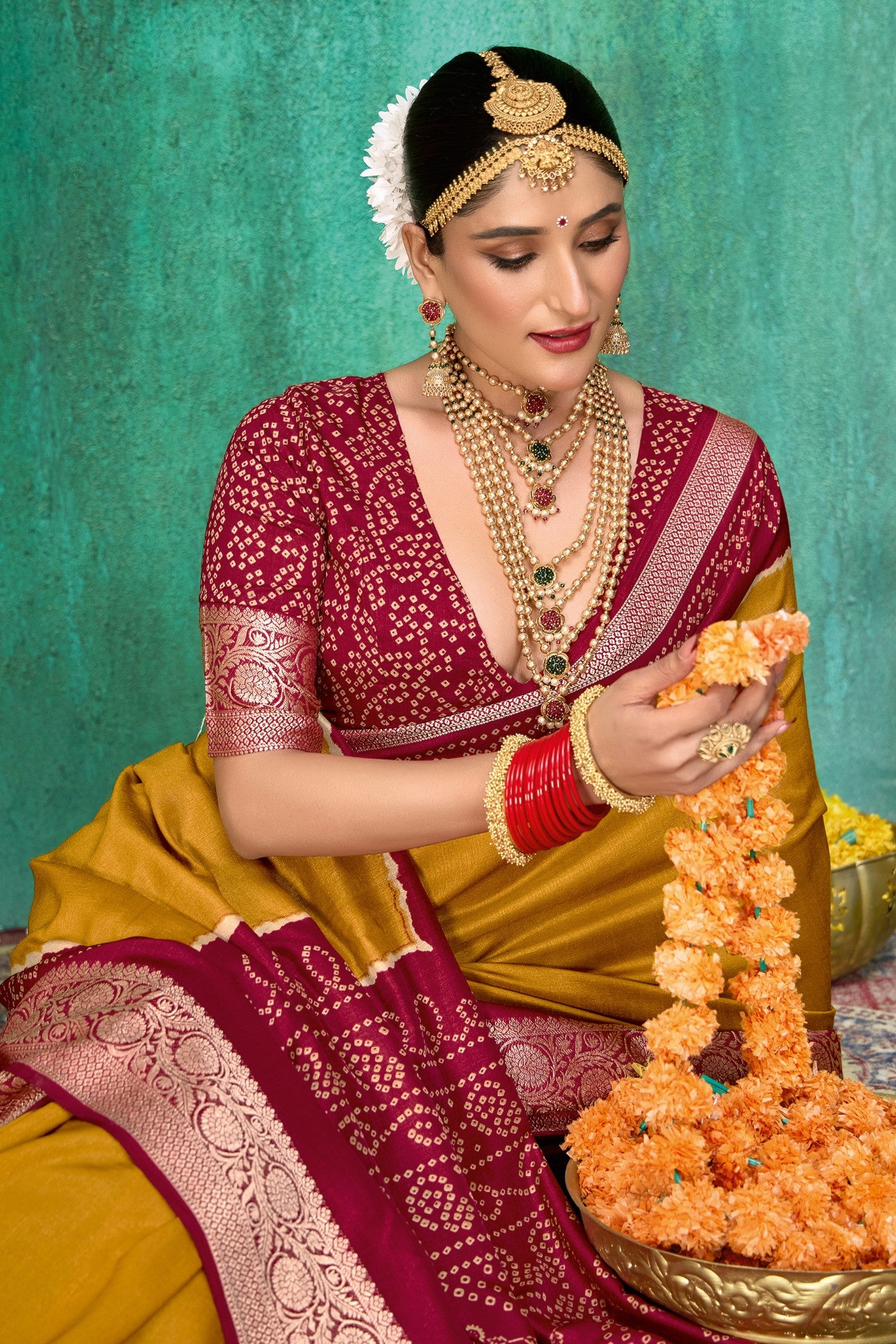 Buy MySilkLove Mustard Yellow Tussar Bandhani Silk Saree Online