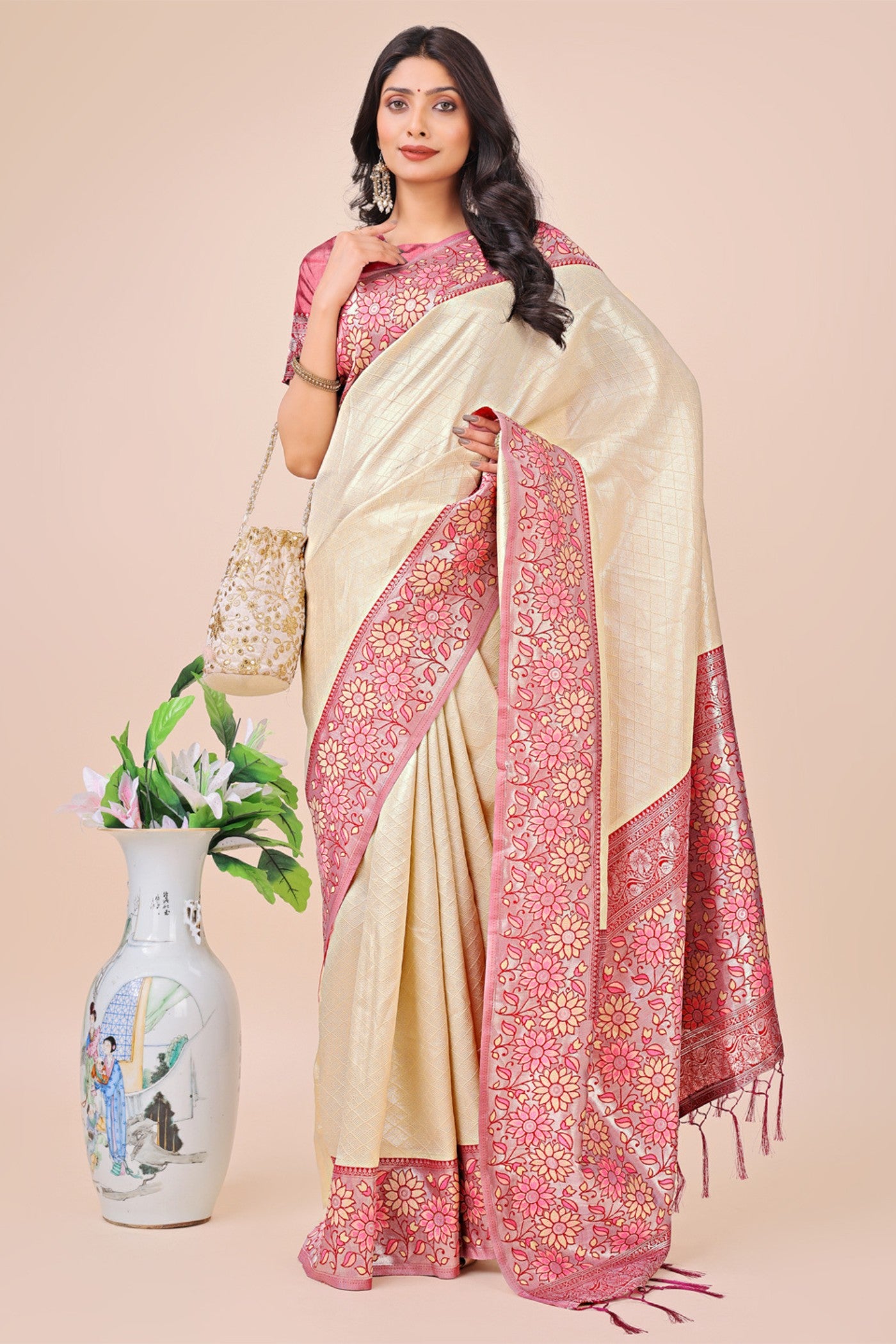 Buy MySilkLove Porcelain Cream Woven Banarasi Saree Online