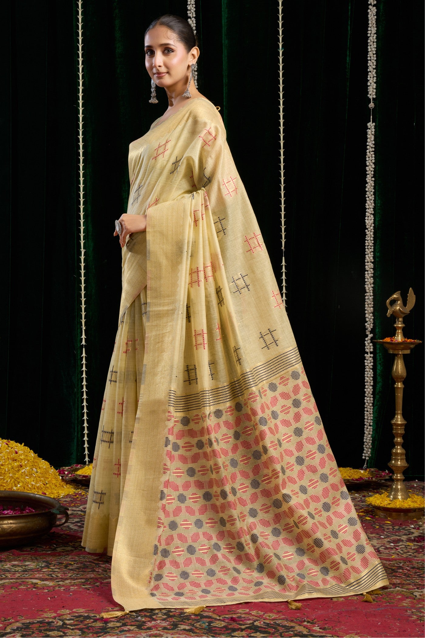 Buy MySilkLove Milky Cream Woven Cotton Saree Online
