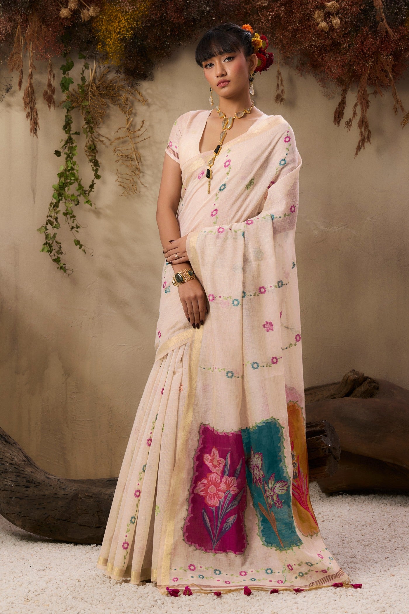 Buy MySilkLove Custard Cream Handloom Muga Cotton Saree Online