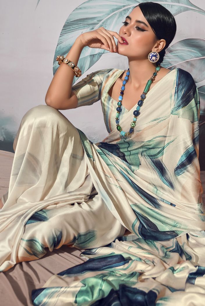 Buy MySilkLove Bone Cream and Green Printed Satin Silk Saree Online