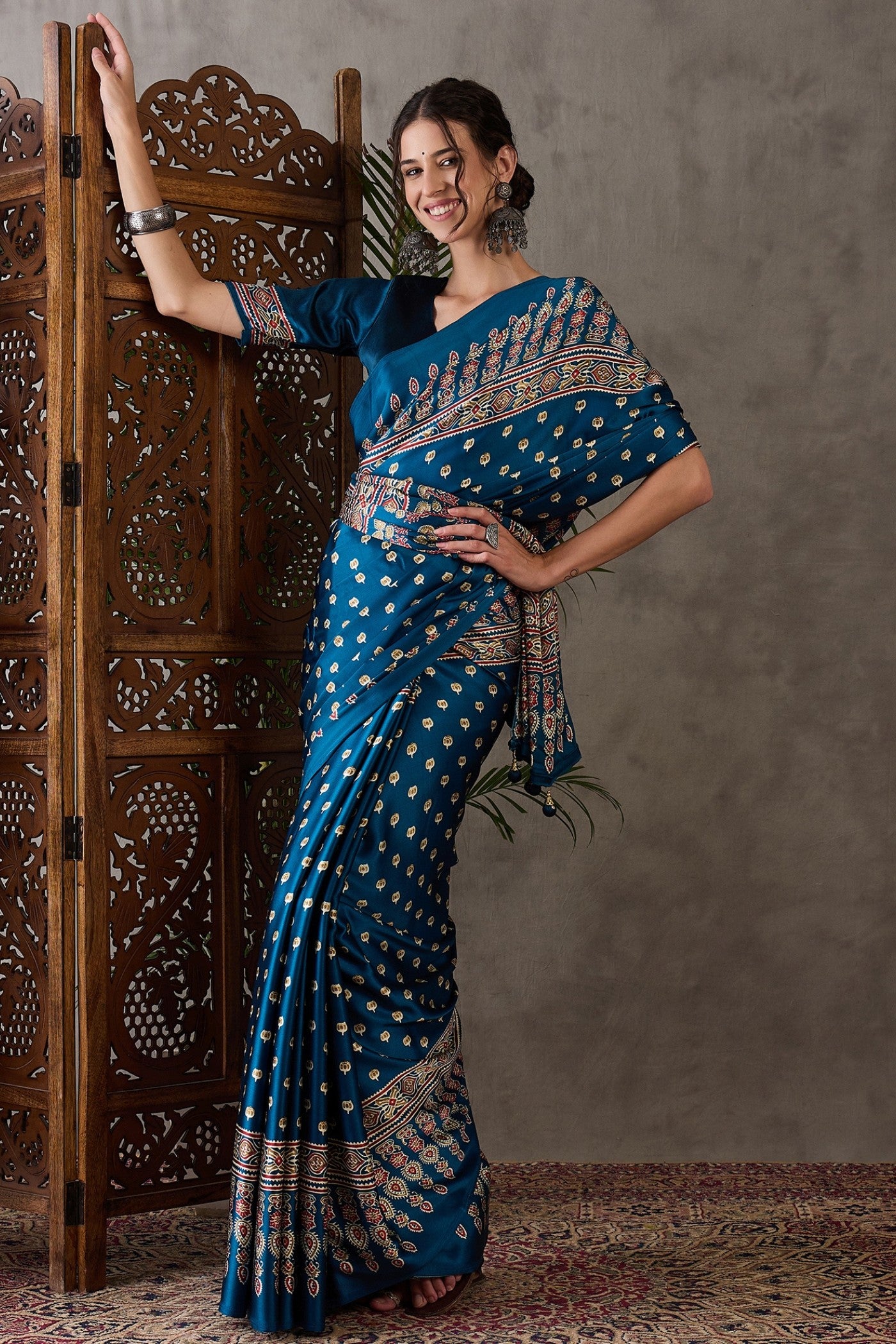 Buy MySilkLove James Blue Printed Satin Gaji Silk Saree Online