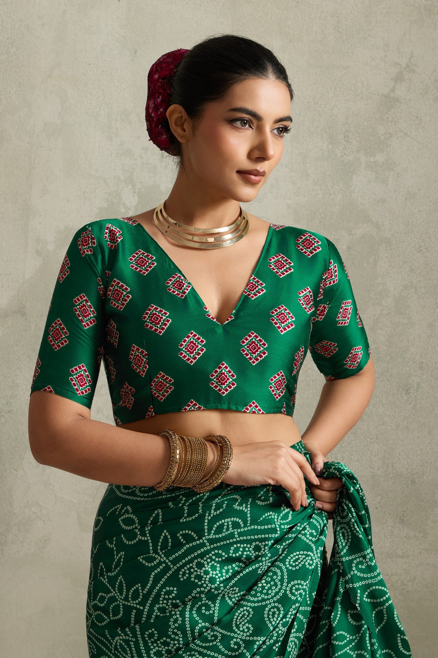 Buy MySilkLove Dark Leaf Green Bandhani Printed Silk Saree Online