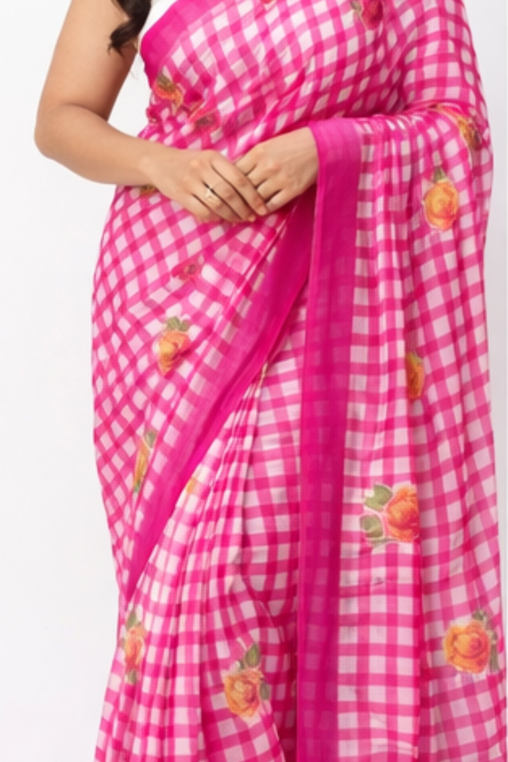 Buy MySilkLove Crimson Pink Soft Linen Cotton Pinted Saree Online