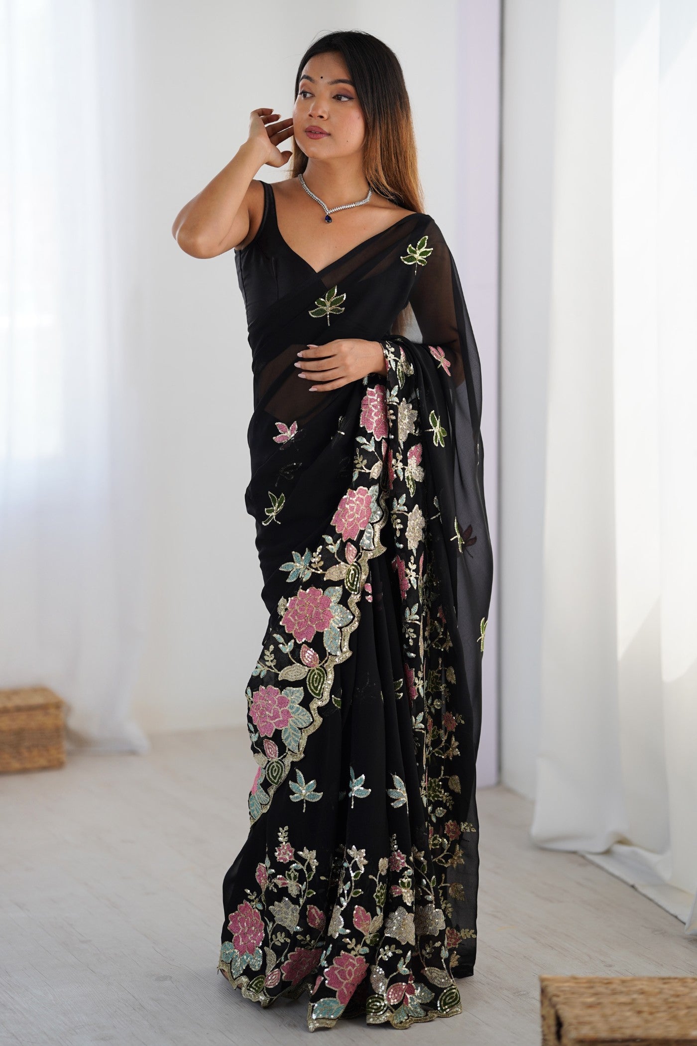 Buy MySilkLove Licorice Black Georgette Partwaer Saree Online