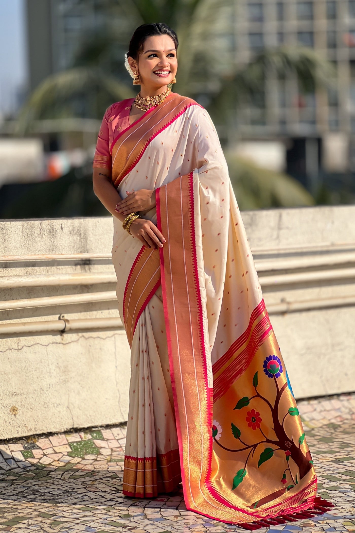 Buy MySilkLove Navajo White Zari Woven Paithani Saree Online