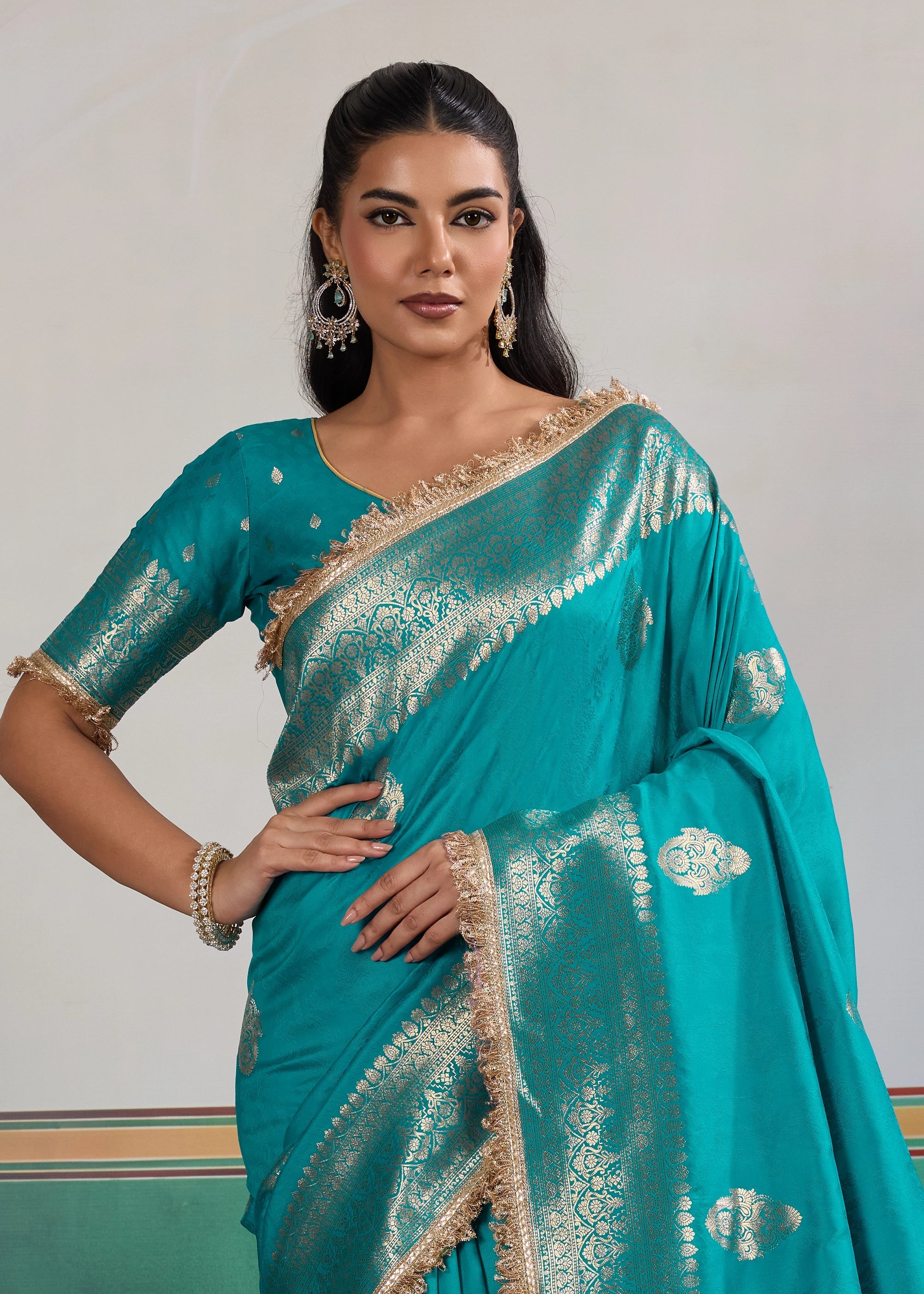 Buy MySilkLove Cyan Bue Woven Banarasi Satin Silk Saree Online