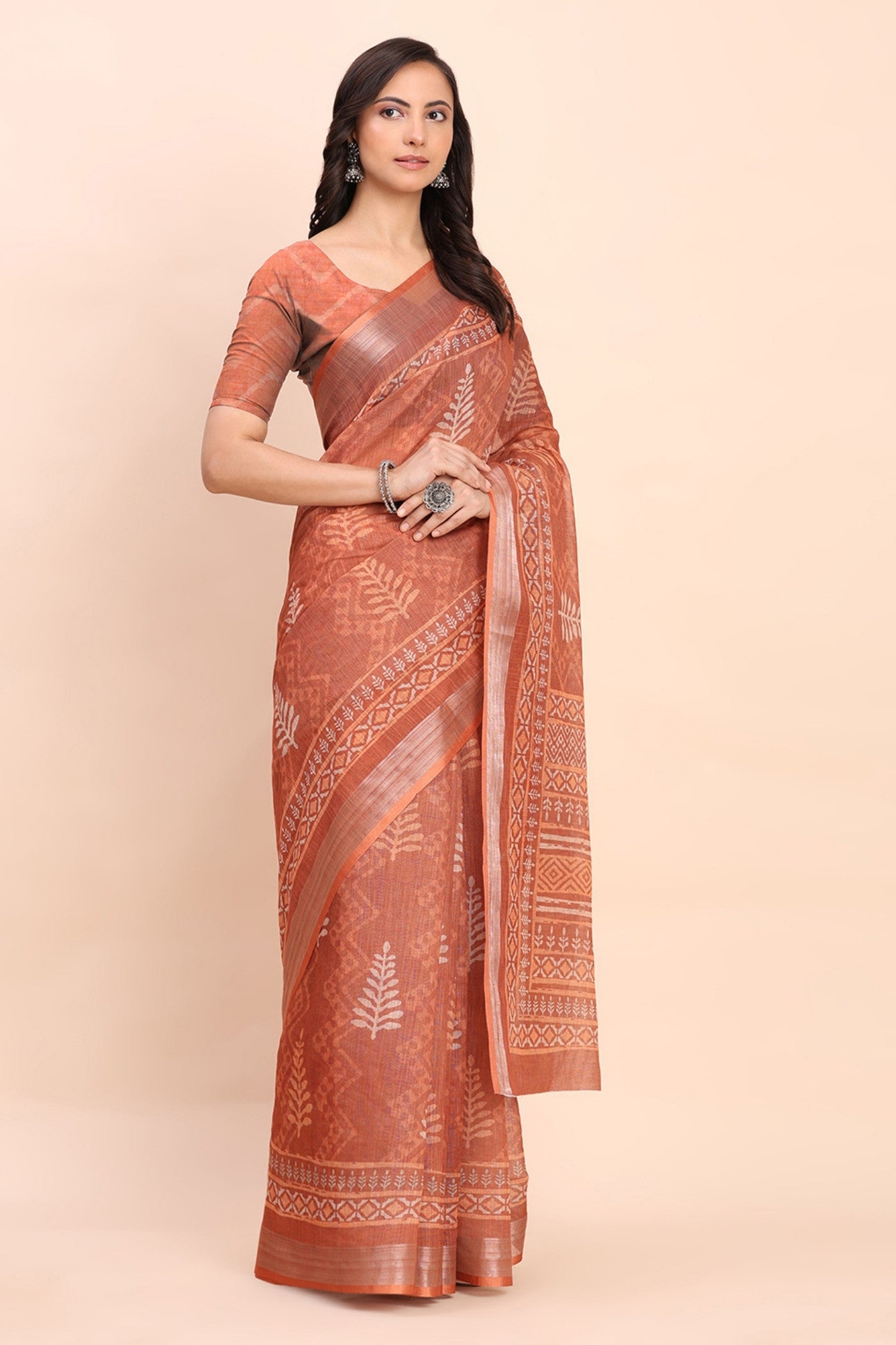 Buy MySilkLove Glossy Orange Woven Linen Cotton Saree Online