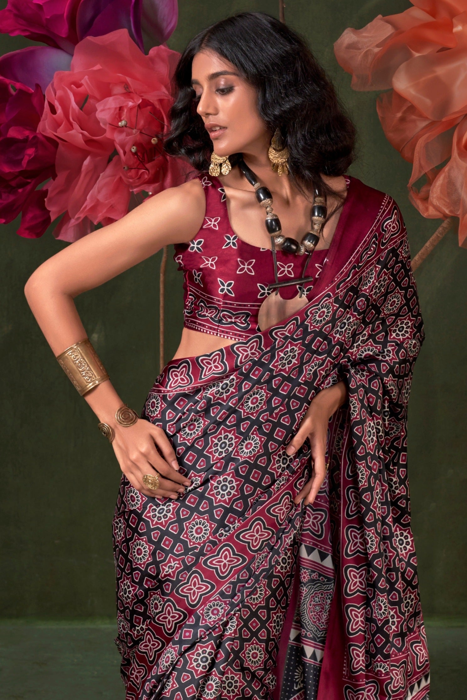 Buy MySilkLove Raisin Purple Ajrakh Printed Satin Crepe Silk Saree Online