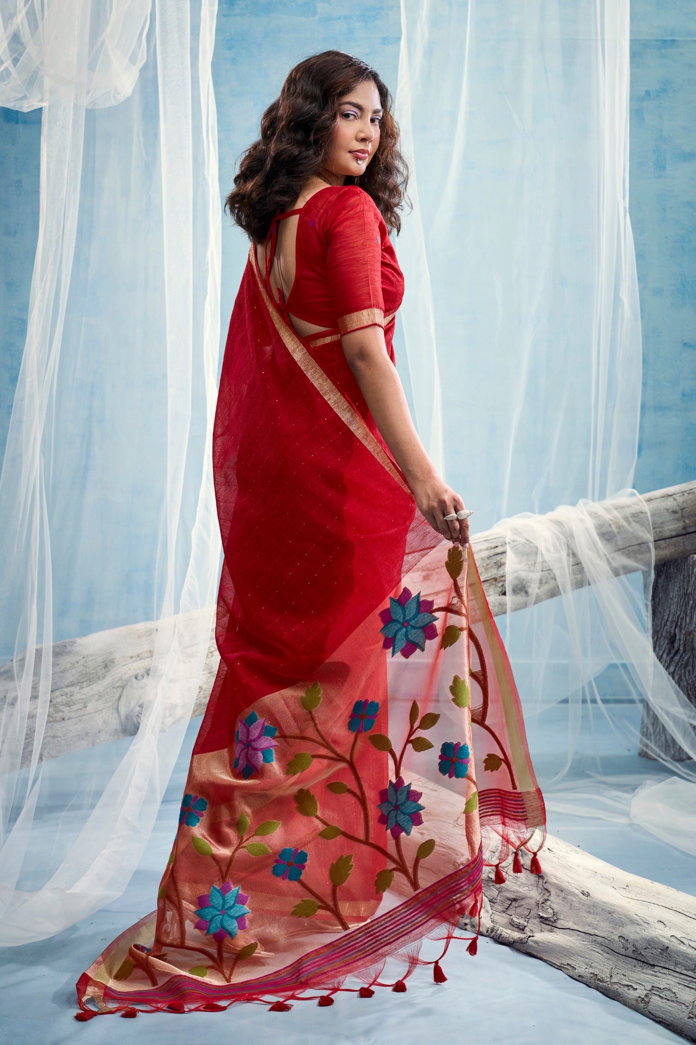 Buy MySilkLove Tomato Red Munga Handloom Tissue Pallu Saree Online
