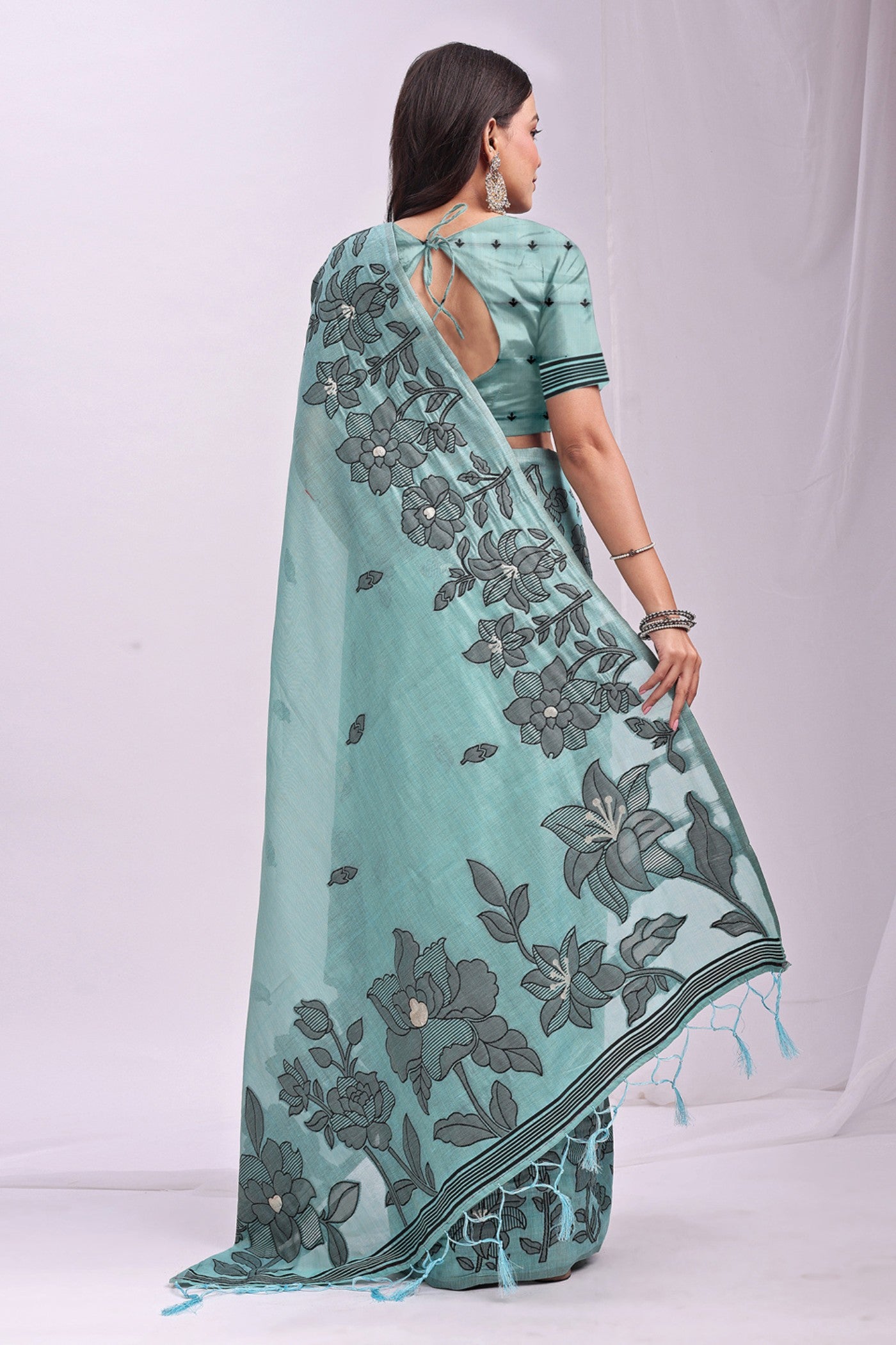 Buy MySilkLove Sea Blue Woven Linen Cotton Saree Online