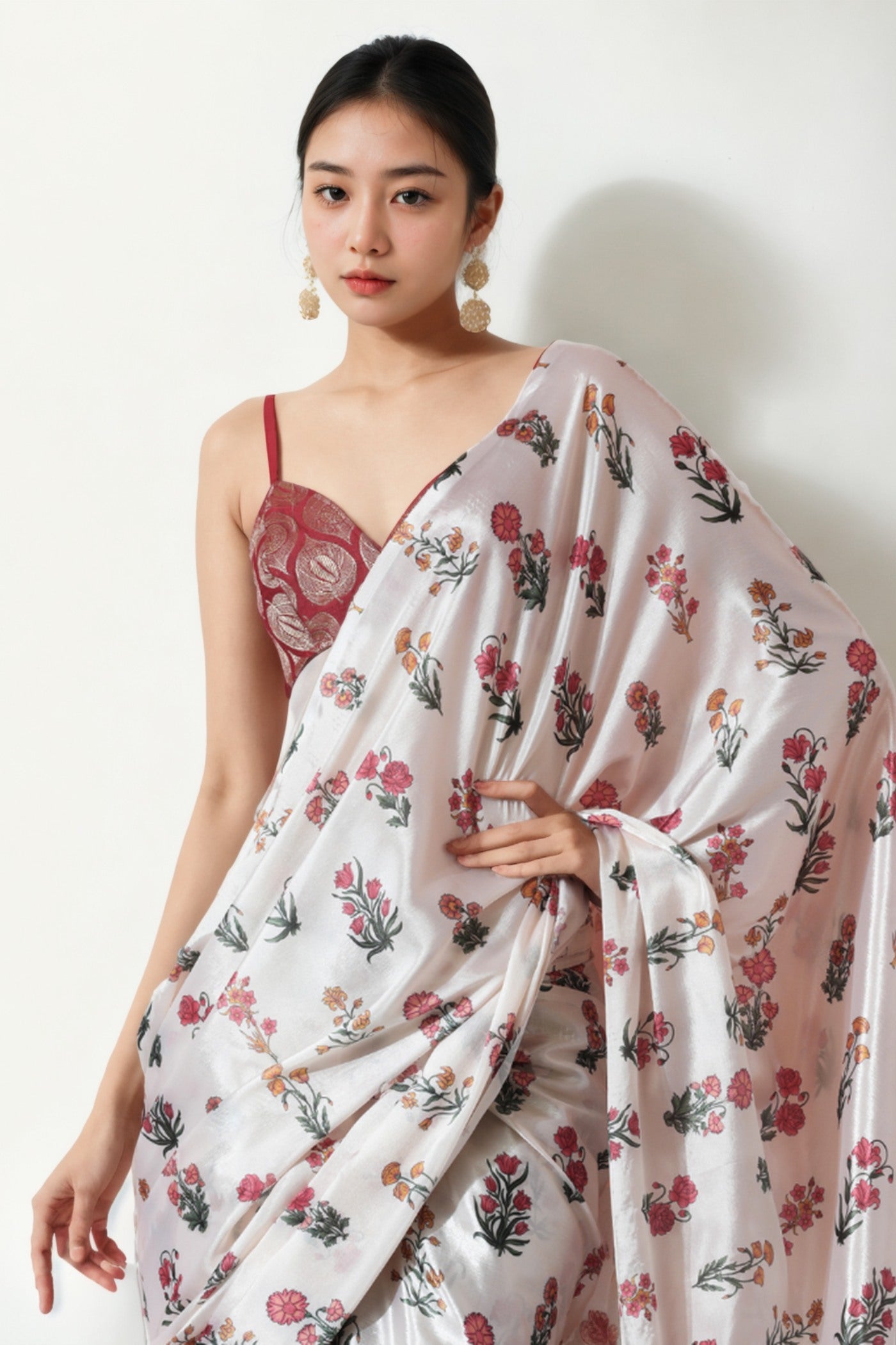 Buy MySilkLove Lotus White Chinon Digital Printed Ready To Wear Saree Online