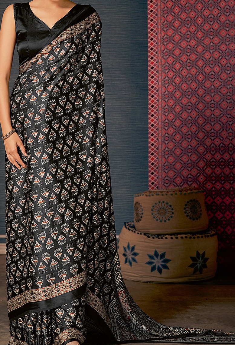 Buy MySilkLove Onyx Black Digital Printed Ajrakh Satin Crepe Saree Online