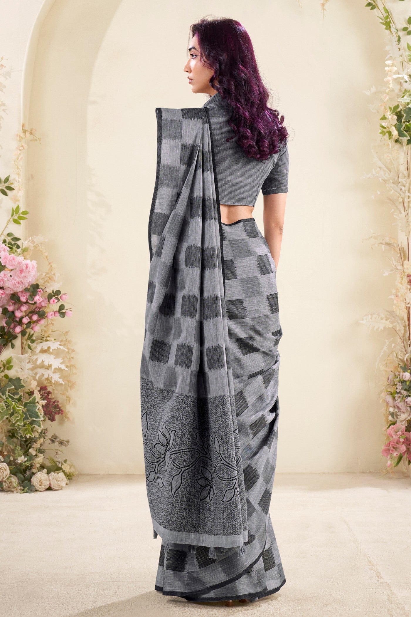 Buy MySilkLove Dust Grey Woven Linen Saree Online