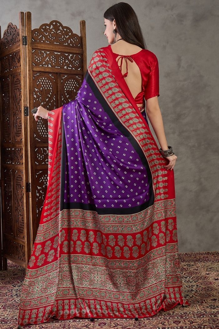 Buy MySilkLove Grape Purple and Red Ajrakh Printed Satin Gaji Silk Saree Online