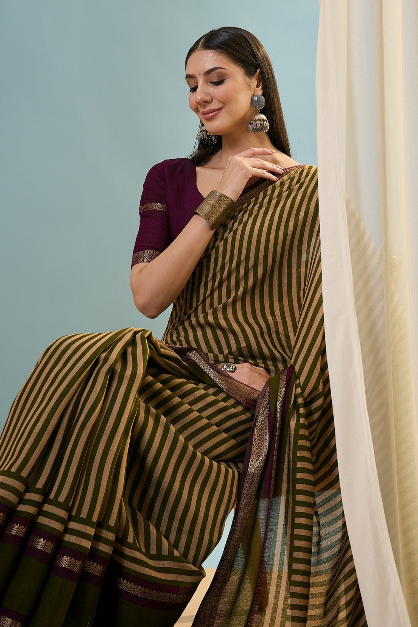 Buy MySilkLove Grass Green Woven Cotton Saree Online