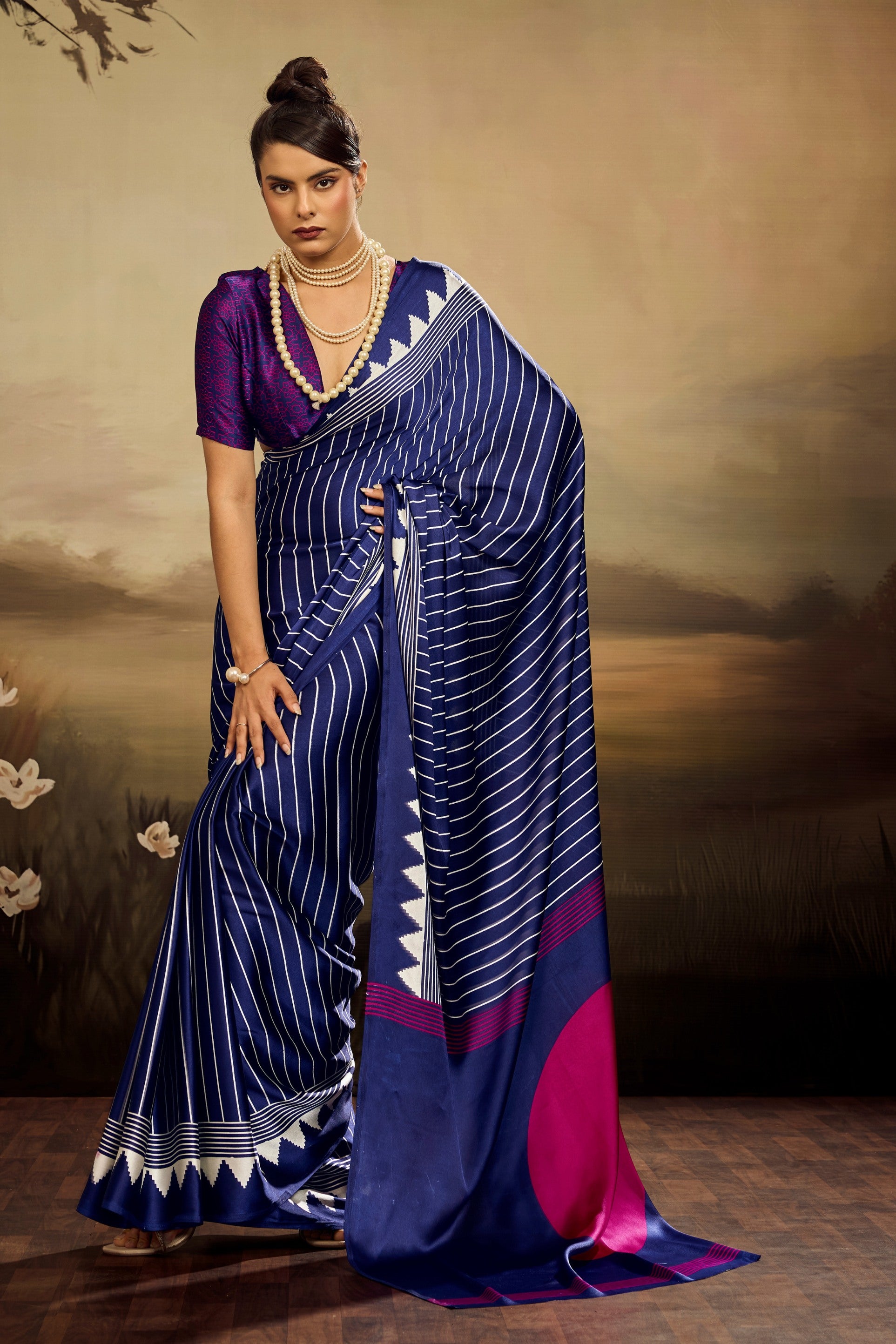 Buy MySilkLove Polynesian Blue Ajrakh Printed Satin Crepe Silk Saree Online