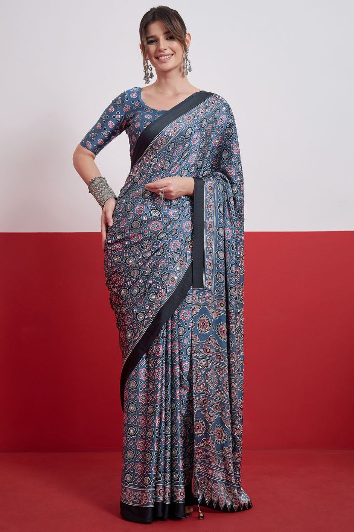 Buy MySilkLove Ocean Blue Modal Ajrakh Satin Printed Mirror Work Saree Online