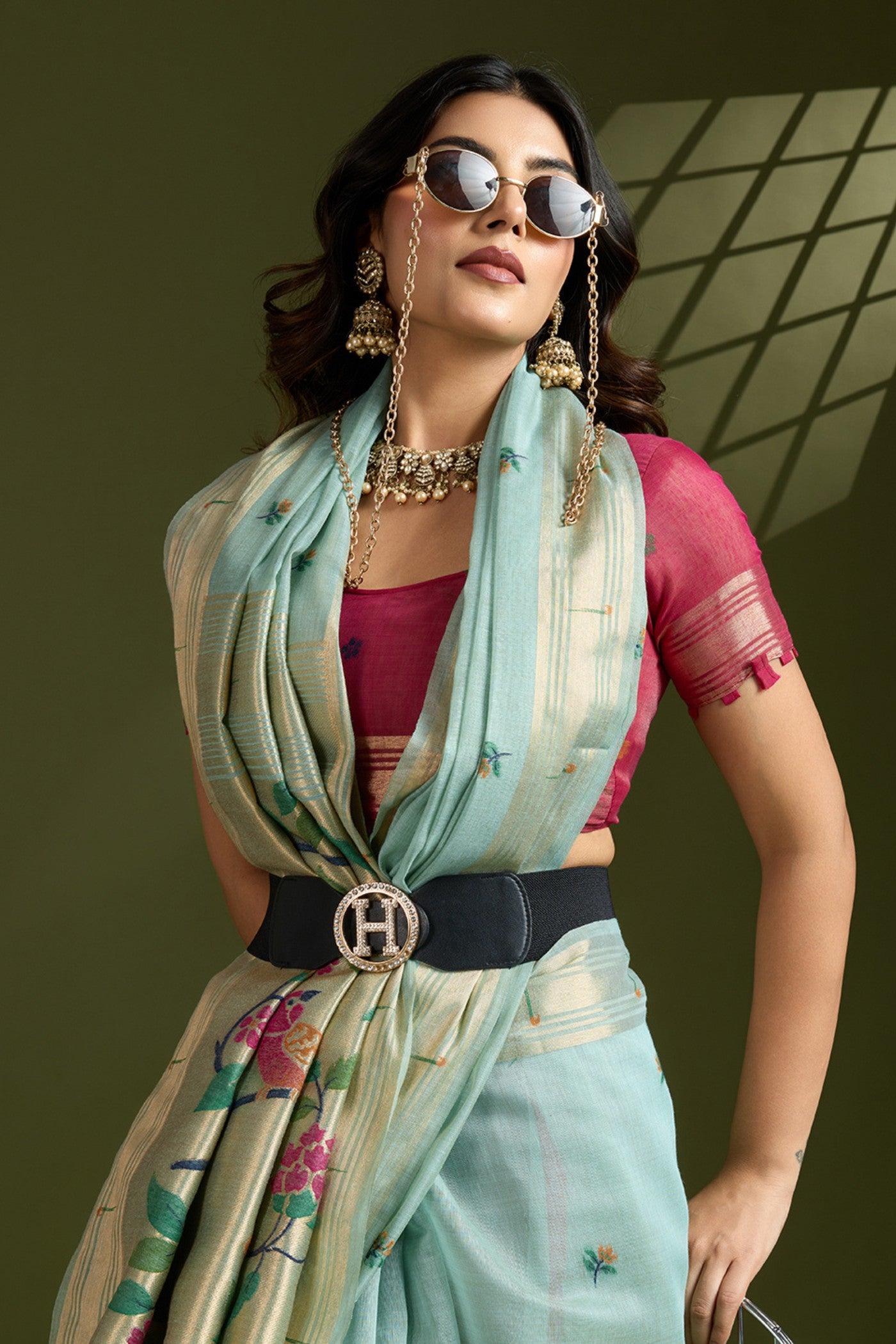 MySilkLove Tiffany Blue Woven Muga Cotton Paithani Saree