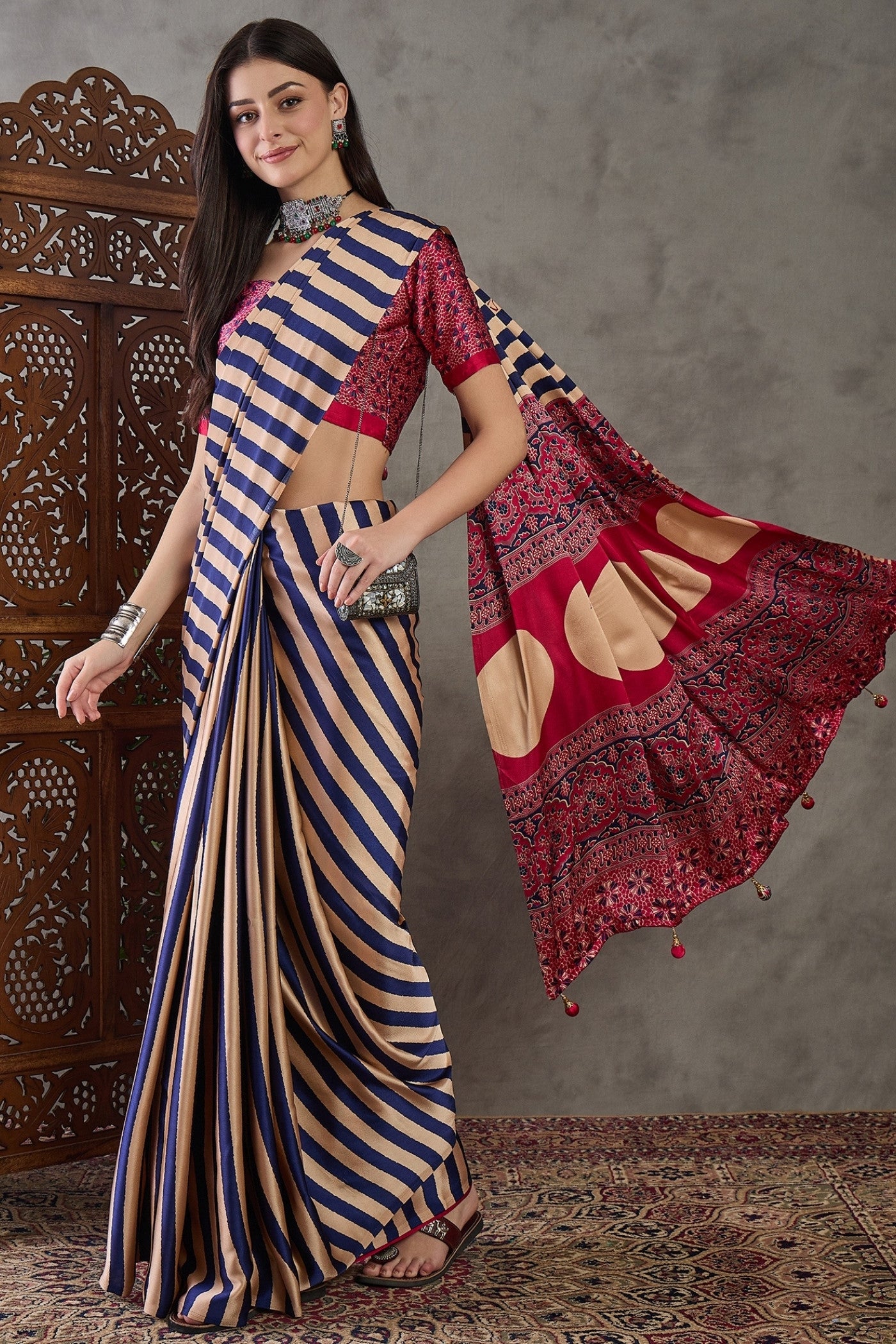 Buy MySilkLove Sapphire Blue Stripe Ajrakh Printed Satin Gaji Silk Saree Online