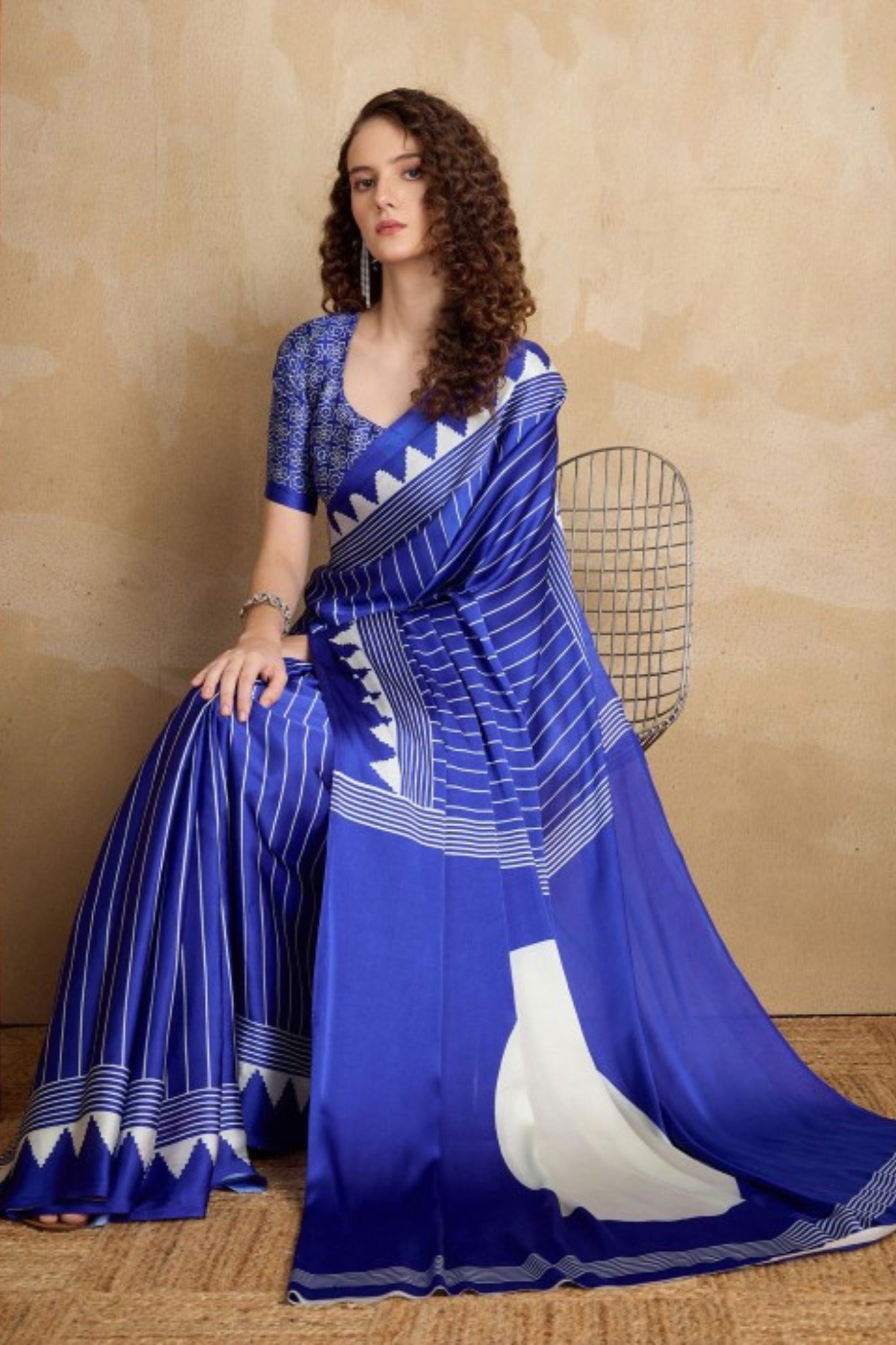 Buy MySilkLove Spruce Blue Ajrakh Printed Satin Crepe Silk Saree Online