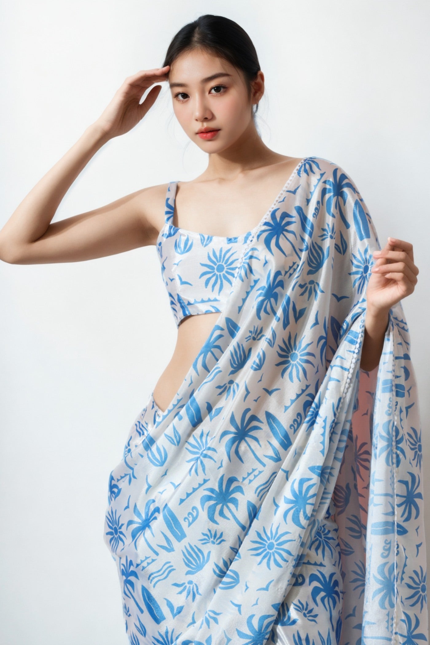Buy MySilkLove Sky Blue Chinon Printed Ready To Wear Saree Online