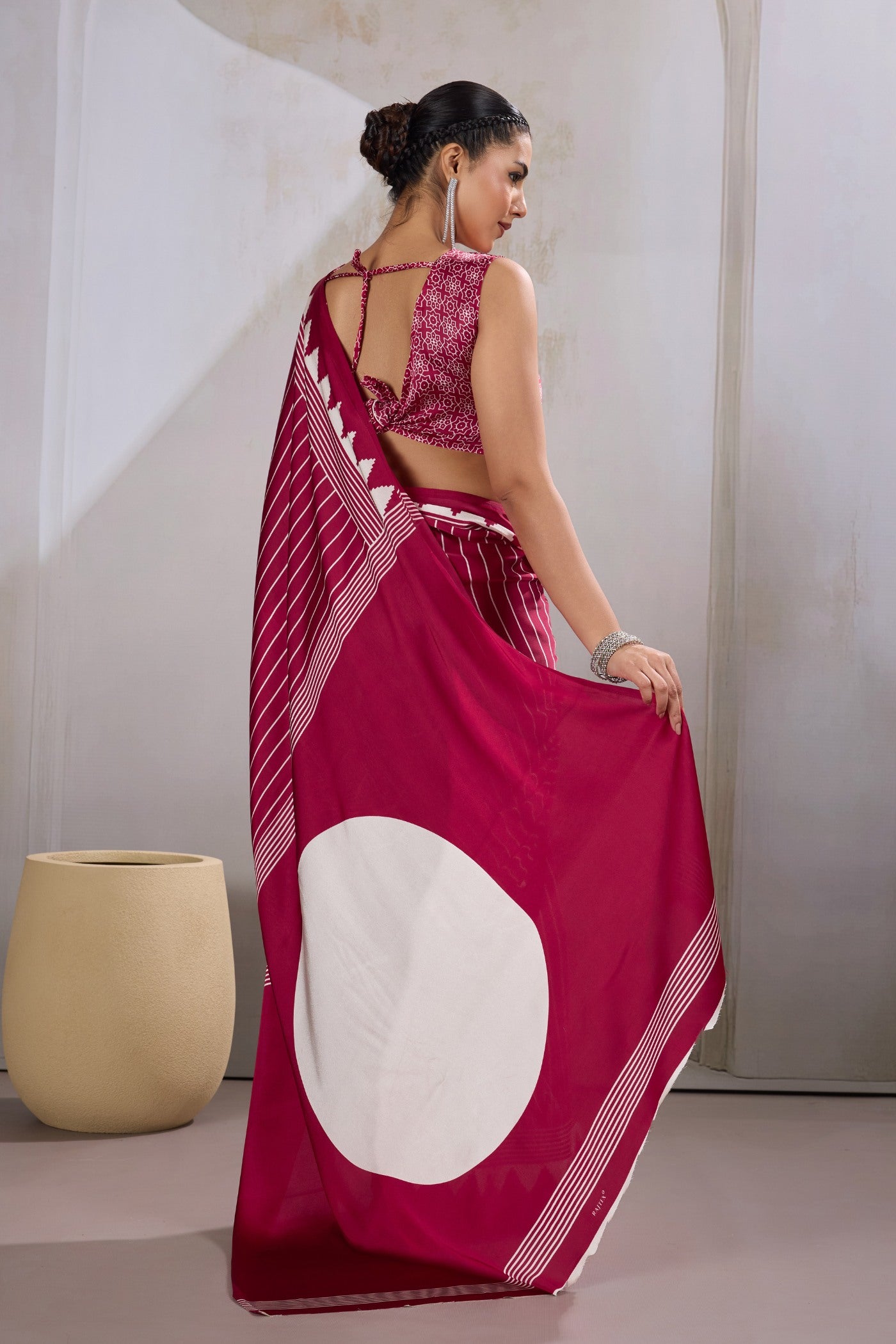 Buy MySilkLove Raspberry Red Ajrakh Printed Satin Crepe Silk Saree Online