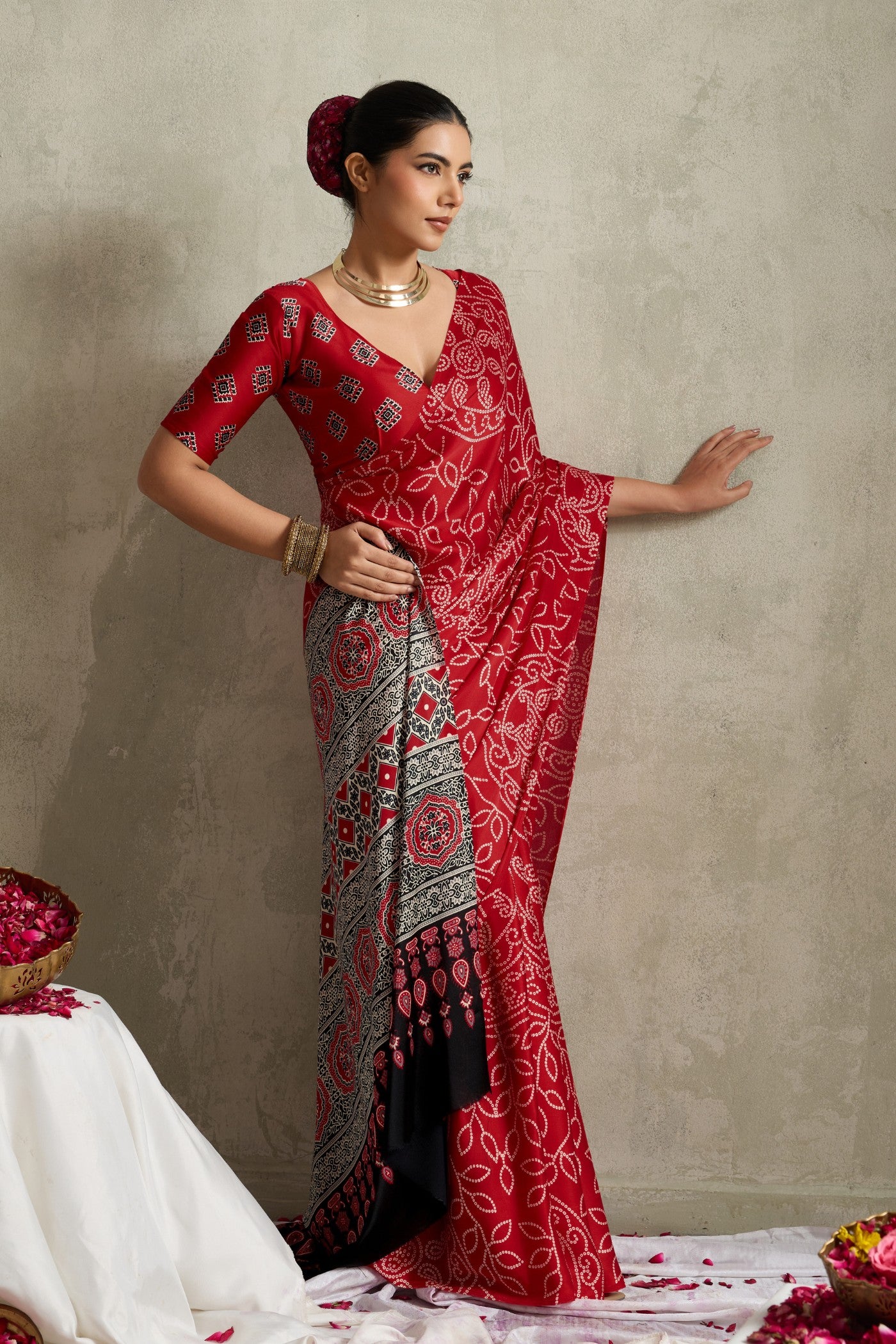 Buy MySilkLove Burn Red Bandhani Printed Silk Saree Online