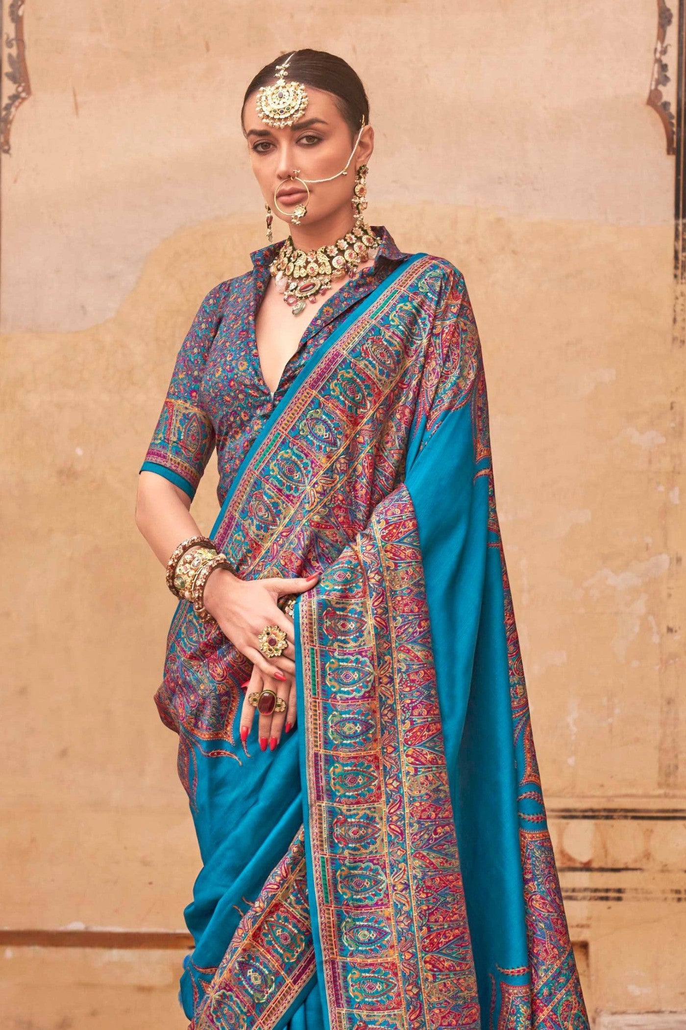 Buy MySilkLove Blue Chill Printed Jamawar Saree Online