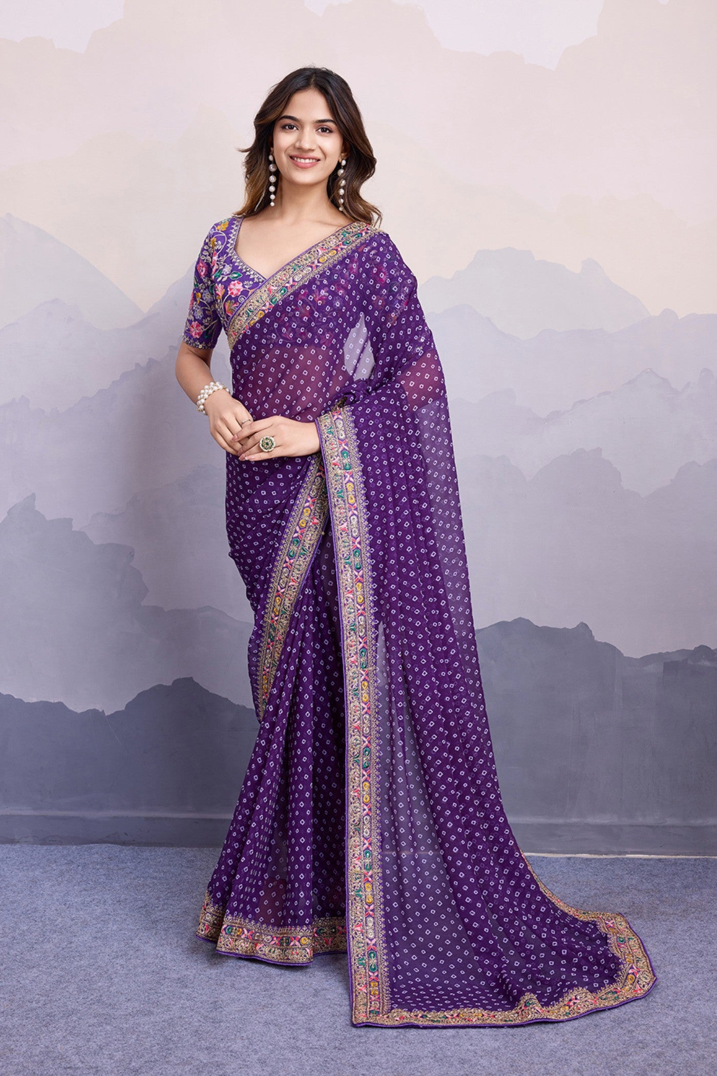 Boston Purple Bandhani Georgette Printed Partywear Saree