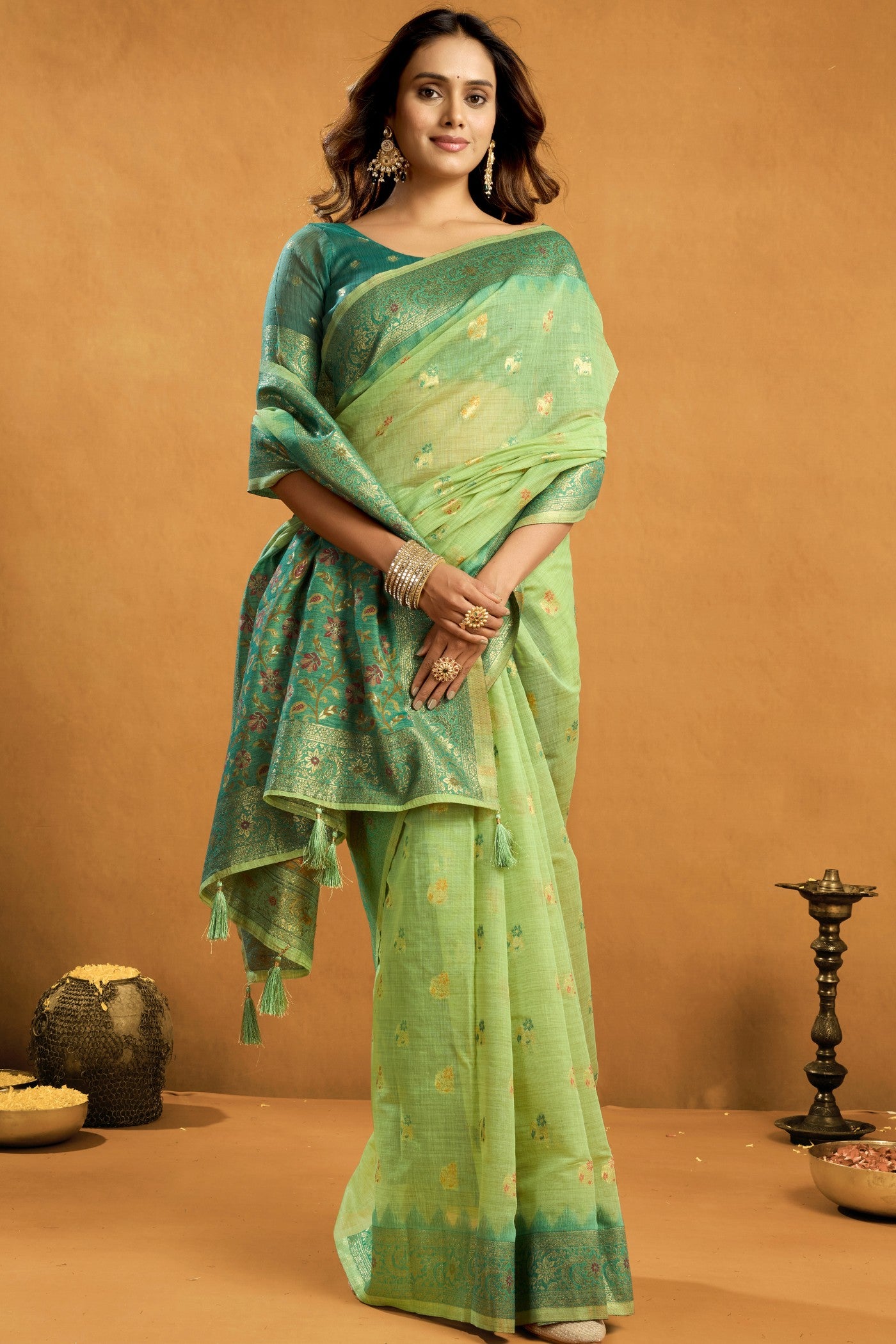 Buy MySilkLove Tealish Green Handloom Cotton Saree Online