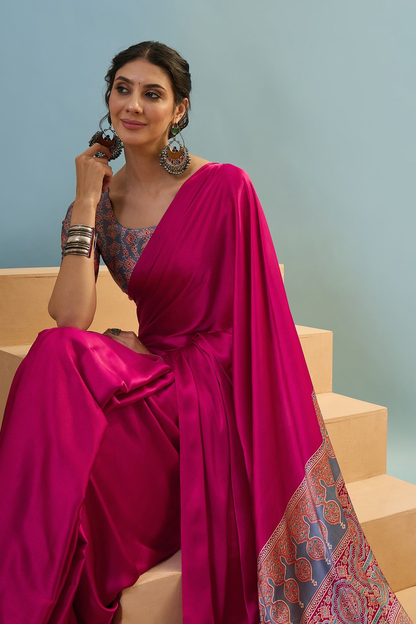 Buy MySilkLove Moonhex Pink Ajrakh Printed Satin Crepe Silk Saree Online