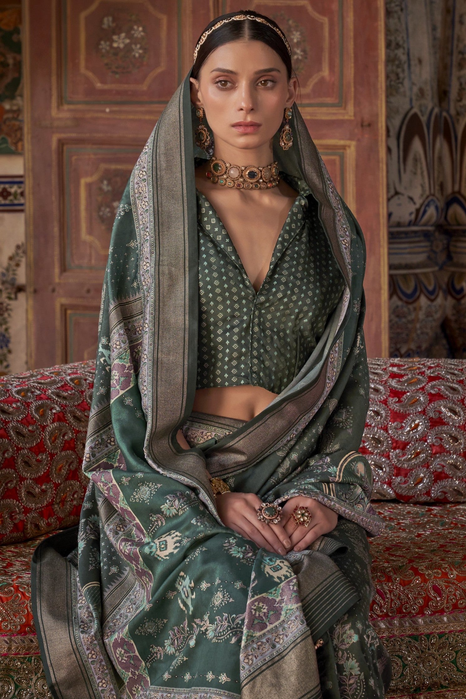 MySilkLove Lunar Green Printed Banarasi Saree