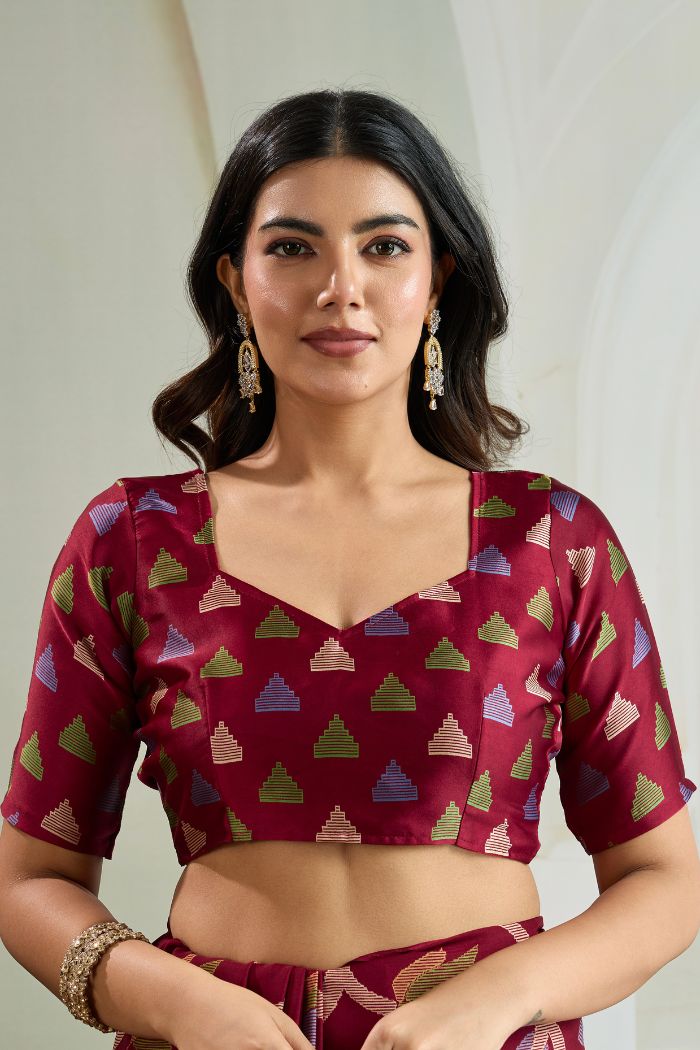 Buy MySilkLove Claret Maroon Modal Ajrakh Printed Satin Silk Saree Online