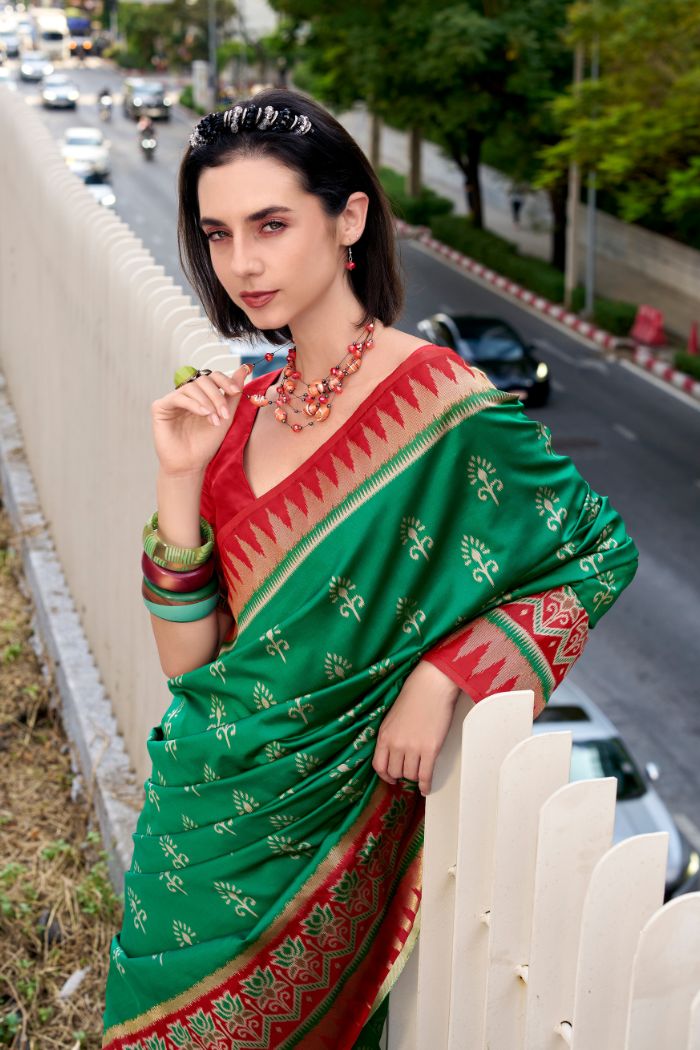 Buy MySilkLove Pickled Green Woven Banarasi Saree Online