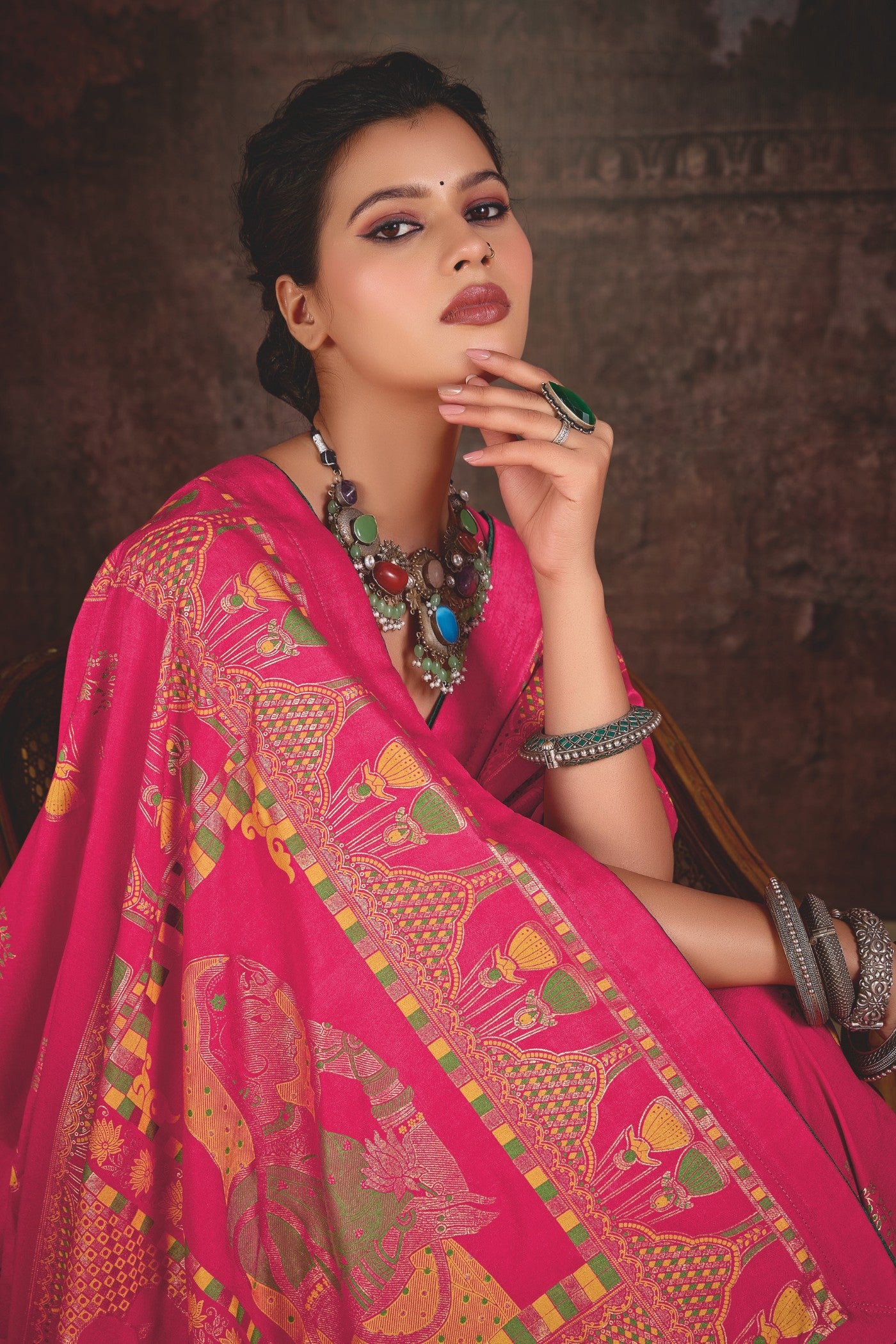 Buy MySilkLove Rose Pink Tussar Rajwadi Printed Silk Saree Online