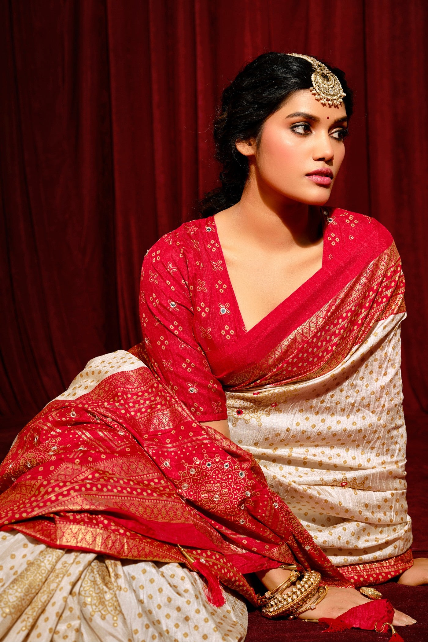 MySilkLove Feather White Tussar Bandhani Silk Saree