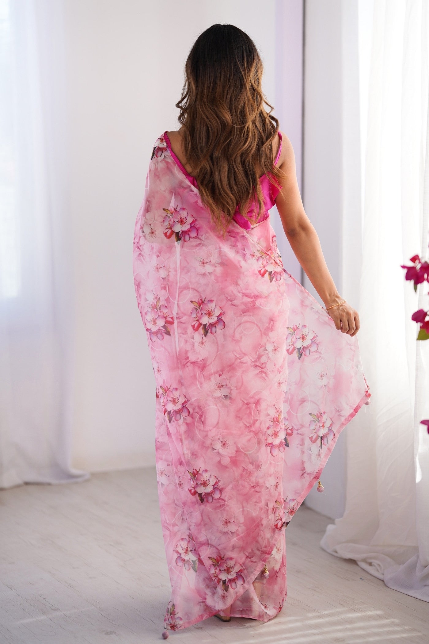 Buy MySilkLove Rouge Pink Organza Printed Saree Online