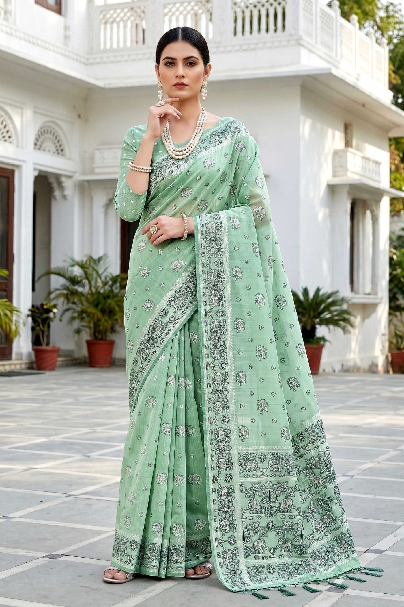 Buy MySilkLove Summer Green Soft Cotton Printed Saree Online