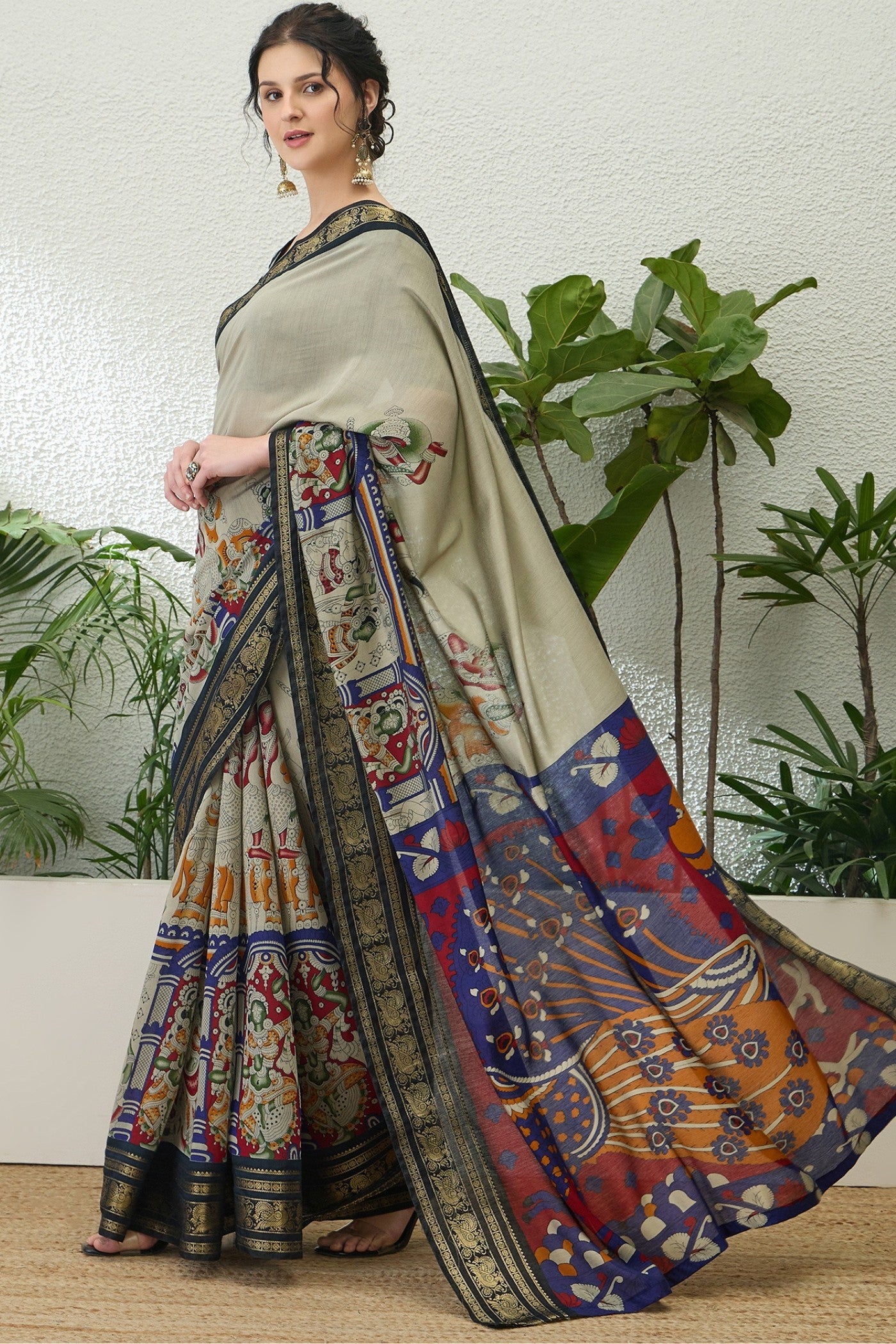 Buy MySilkLove Cloudy Grey Printed Cotton Saree Online