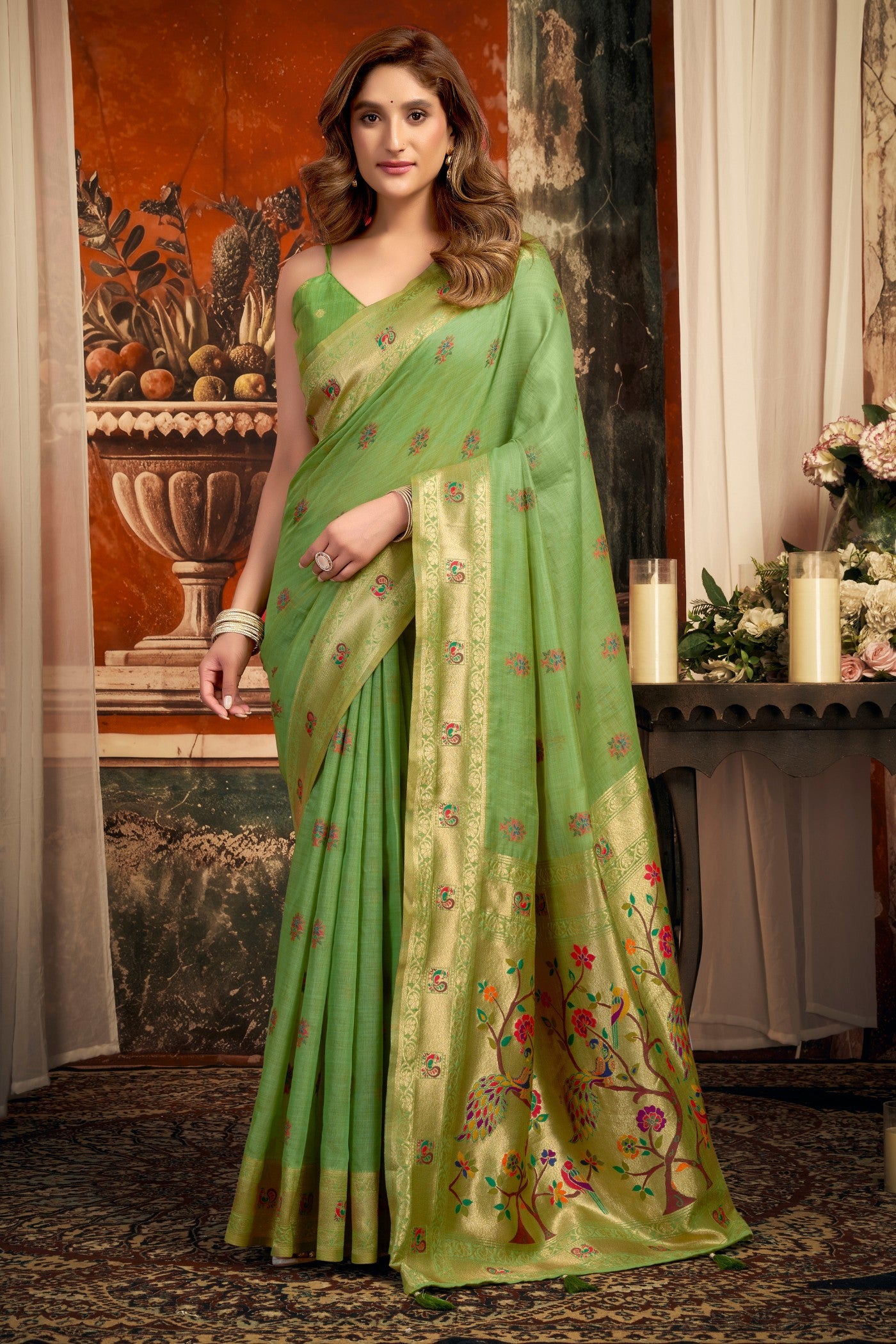 Buy MySilkLove Celadon Green Zari Woven Paithani Saree Online