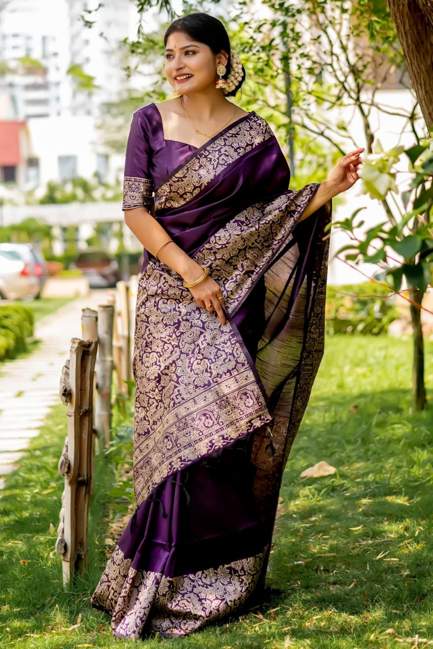 Buy MySilkLove Mulberry Purple Banarasi Handloom Raw Silk Saree Online