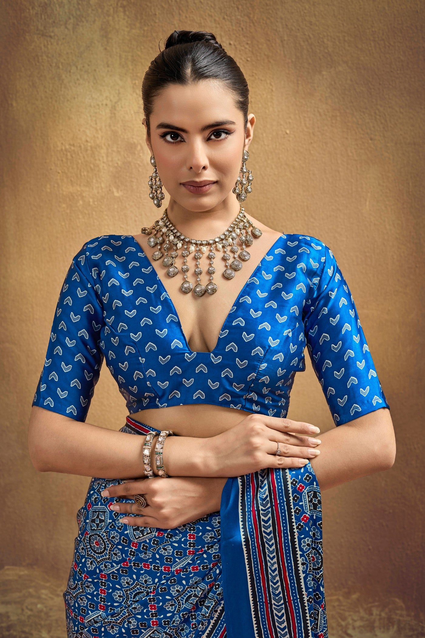Buy MySilkLove Arctic Blue Modal Ajrakh Satin Printed Silk Saree Online