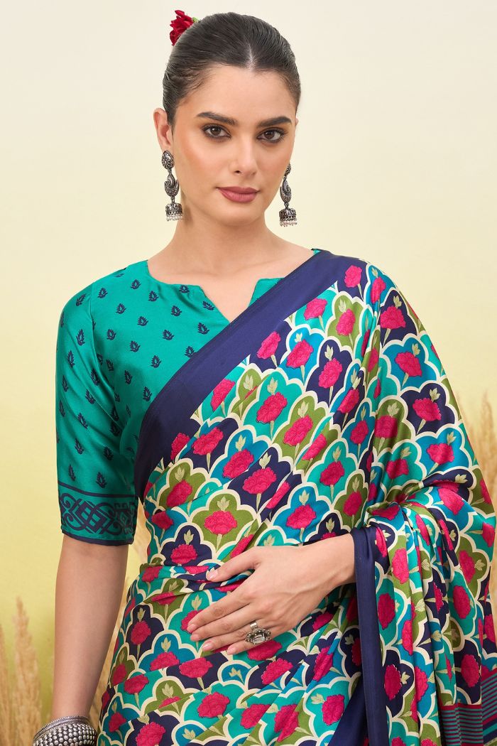 Buy MySilkLove Navy Blue and Green Modal Satin Printed Silk Saree Online