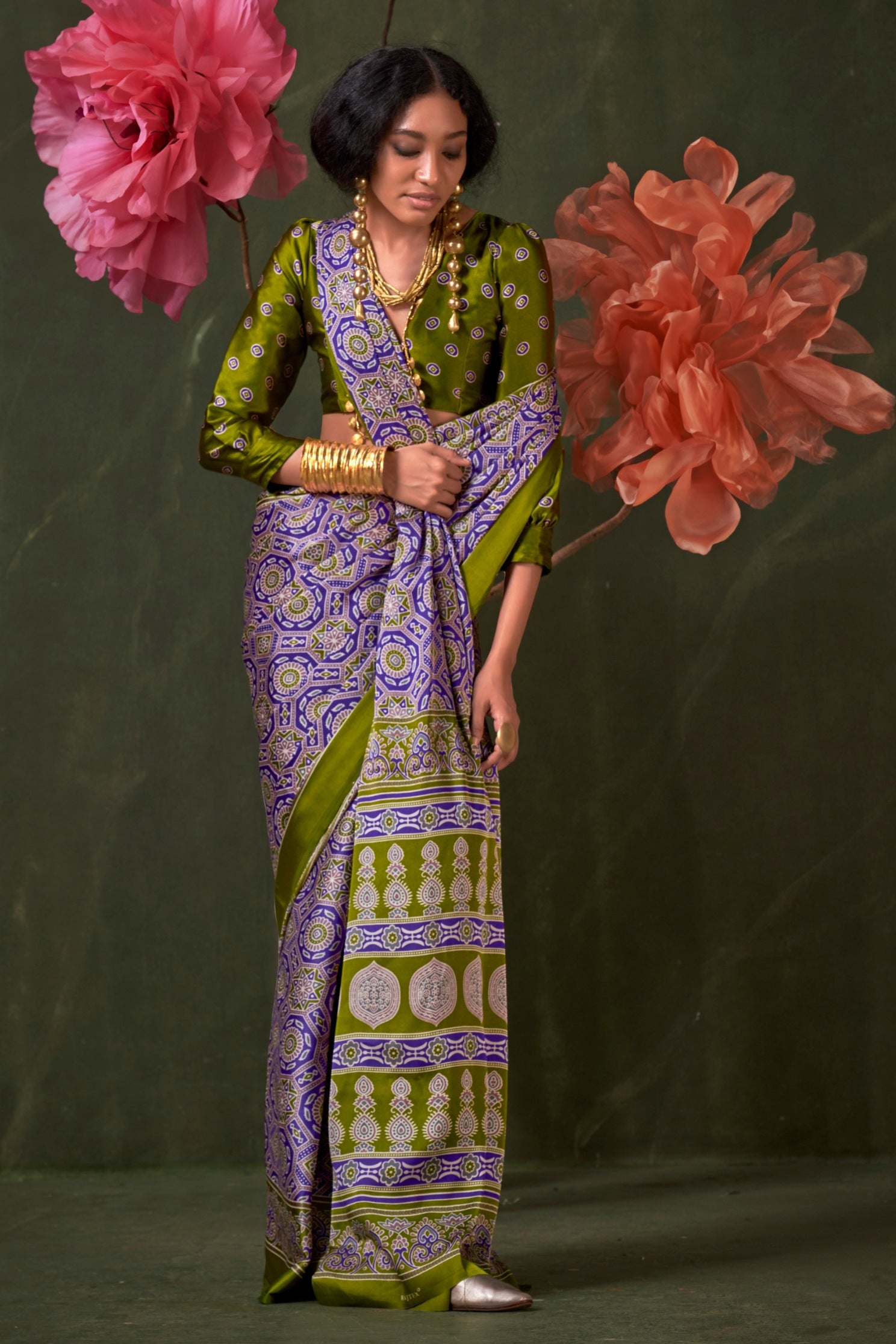 Buy MySilkLove Veronica Purple and Green Ajrakh Printed Satin Crepe Silk Saree Online